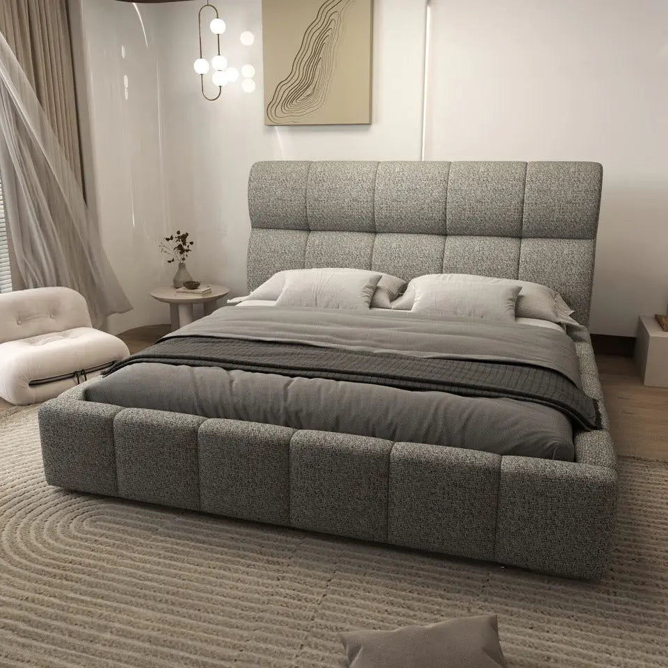 Pat dormitor dumonde, tapitat bej, Prestige 180x200 cm, somiera rabatabila inclusa, spatiu depozitare