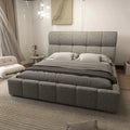Pat dormitor dumonde, tapitat bej, Prestige 180x200 cm, somiera rabatabila inclusa, spatiu depozitare