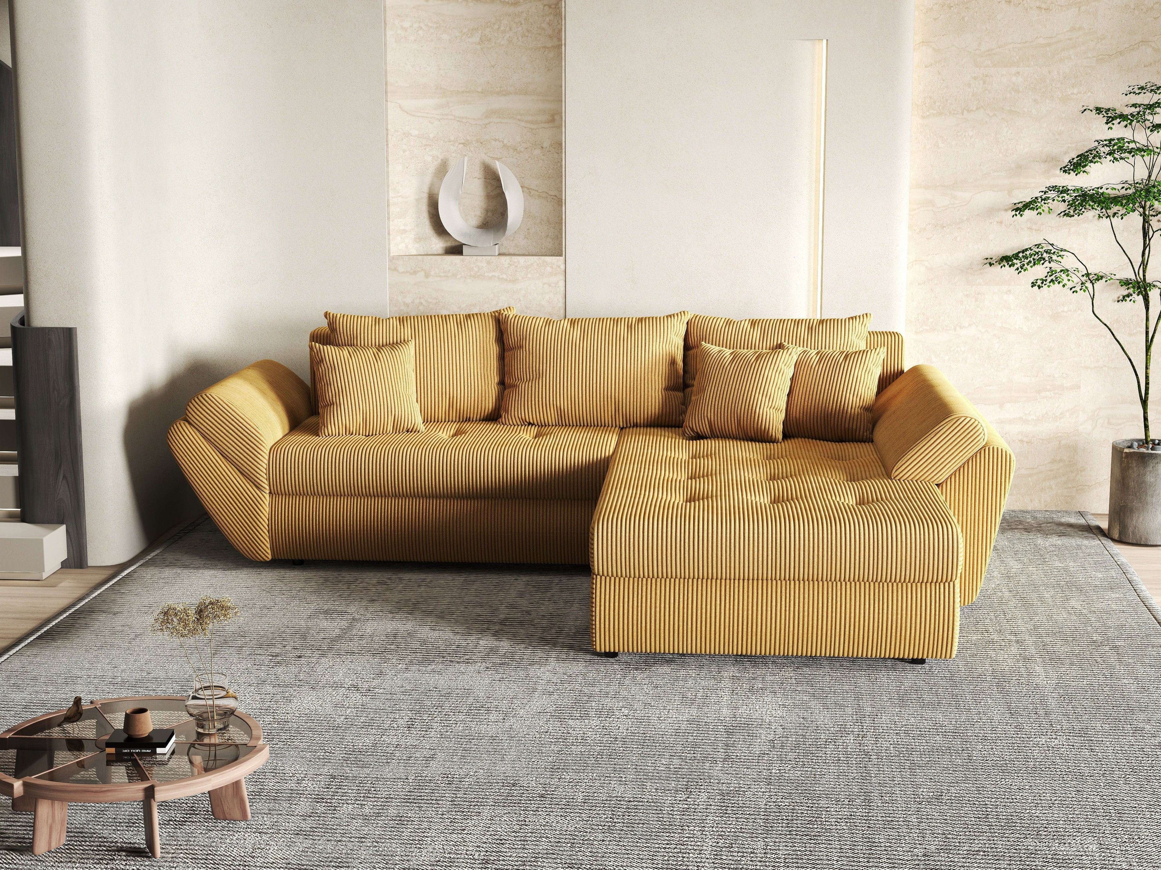 Colțar extensibil dumonde cu ladă de depozitare si sezut confortabil din spuma high-density, Loana Zoom Mustar II 270x185 cm