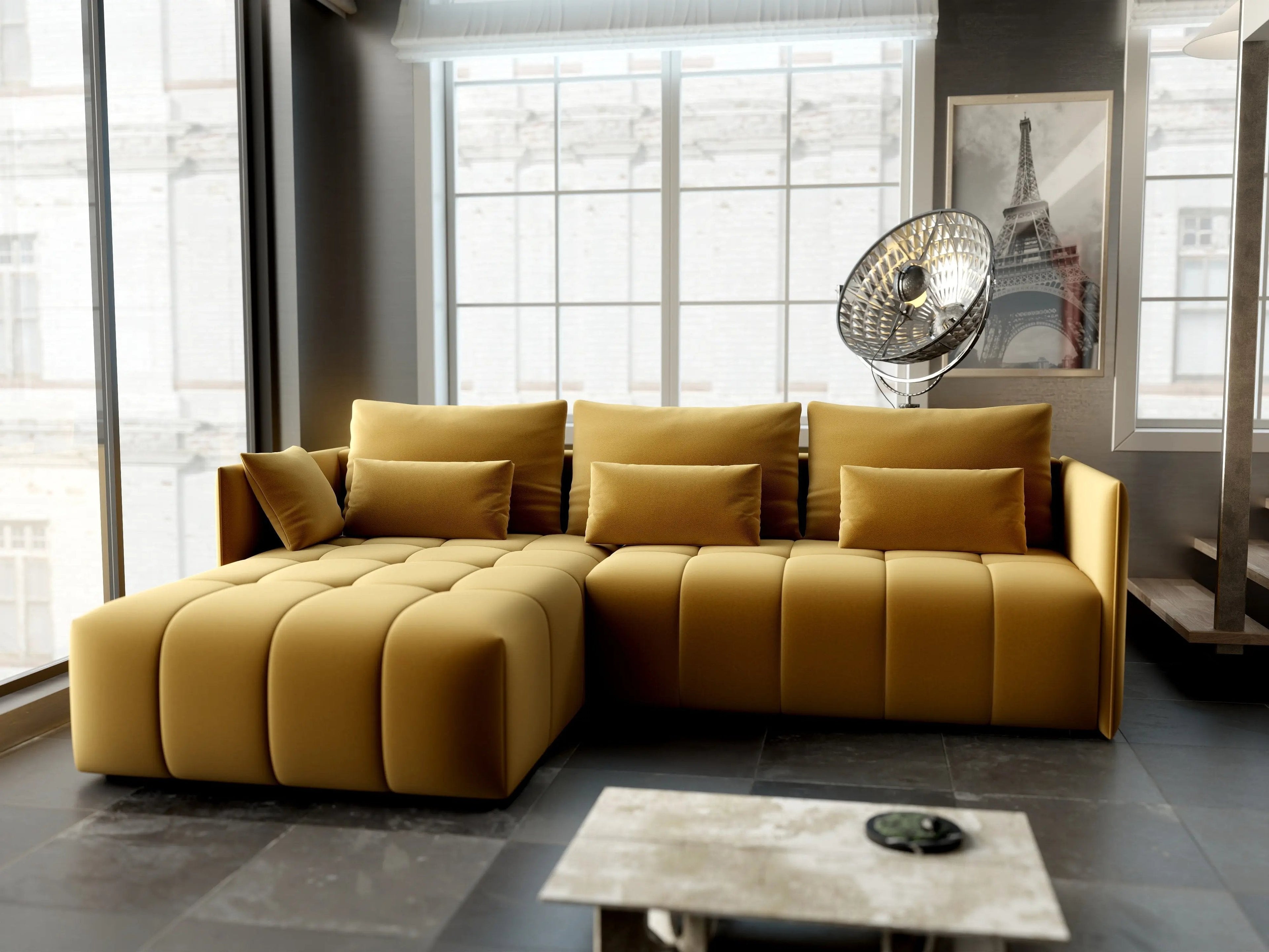 Colțar extensibil dumonde cu ladă de depozitare si sezut confortabil din spuma high-density, Malta Royal Muștar 235x185 cm