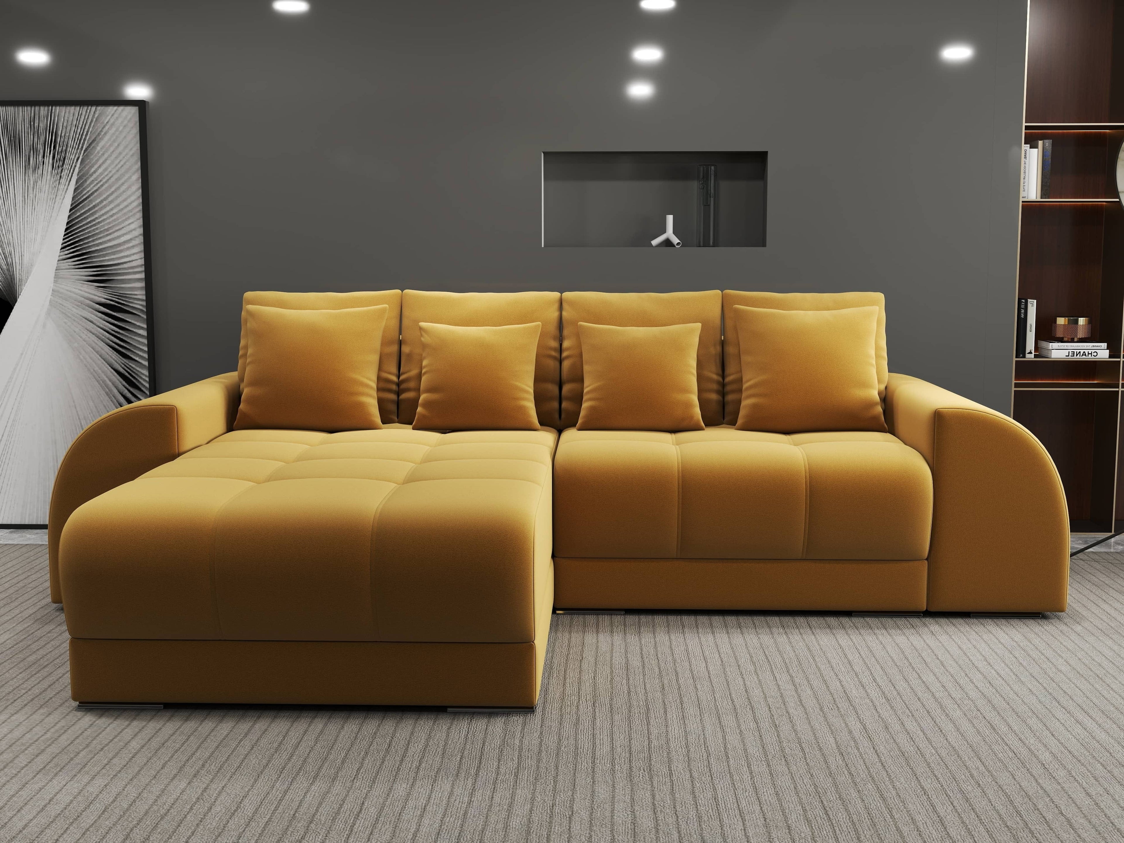 Colțar extensibil dumonde cu ladă de depozitare si sezut confortabil din spuma high-density, Verona Royal Mustar 290x185 cm