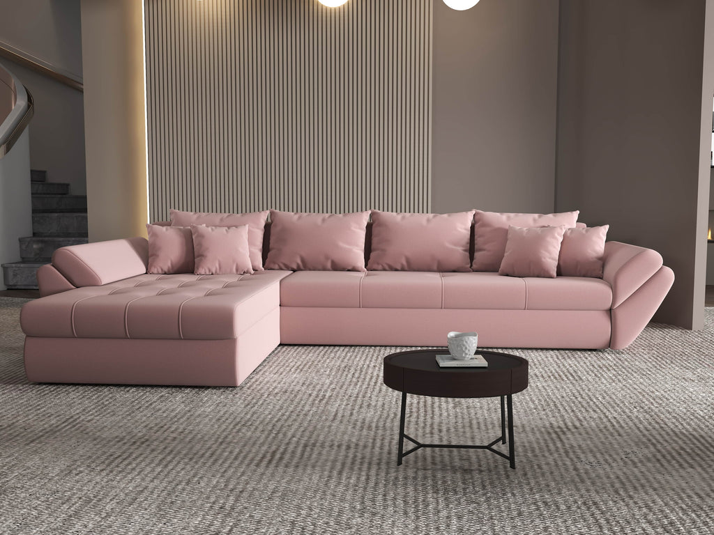Colțar extensibil dumonde cu ladă de depozitare si sezut confortabil din spuma high-density, Loana XL Royal Roz 335x185 cm