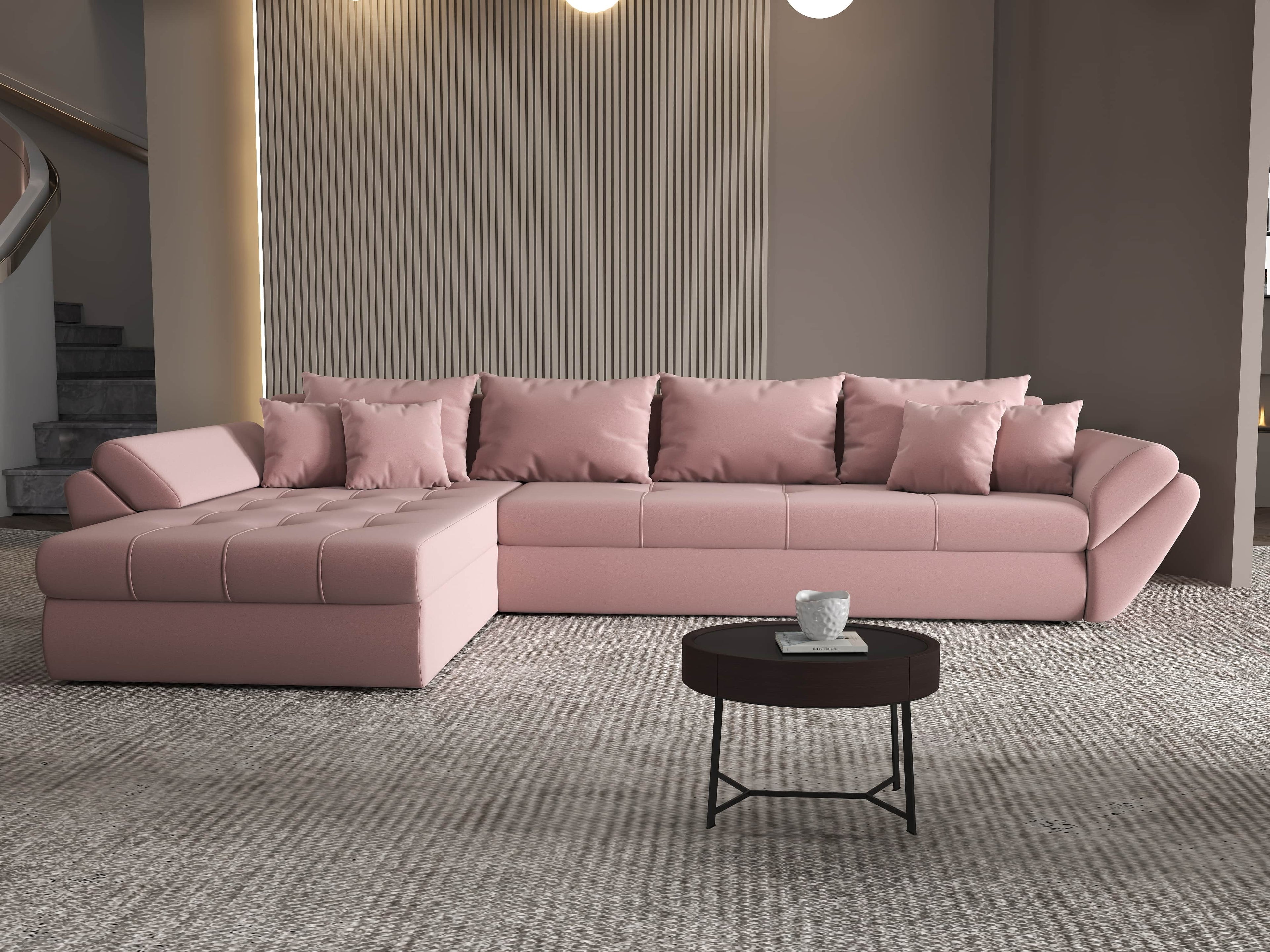 Colțar extensibil dumonde cu ladă de depozitare si sezut confortabil din spuma high-density, Loana XL Royal Roz 335x185 cm
