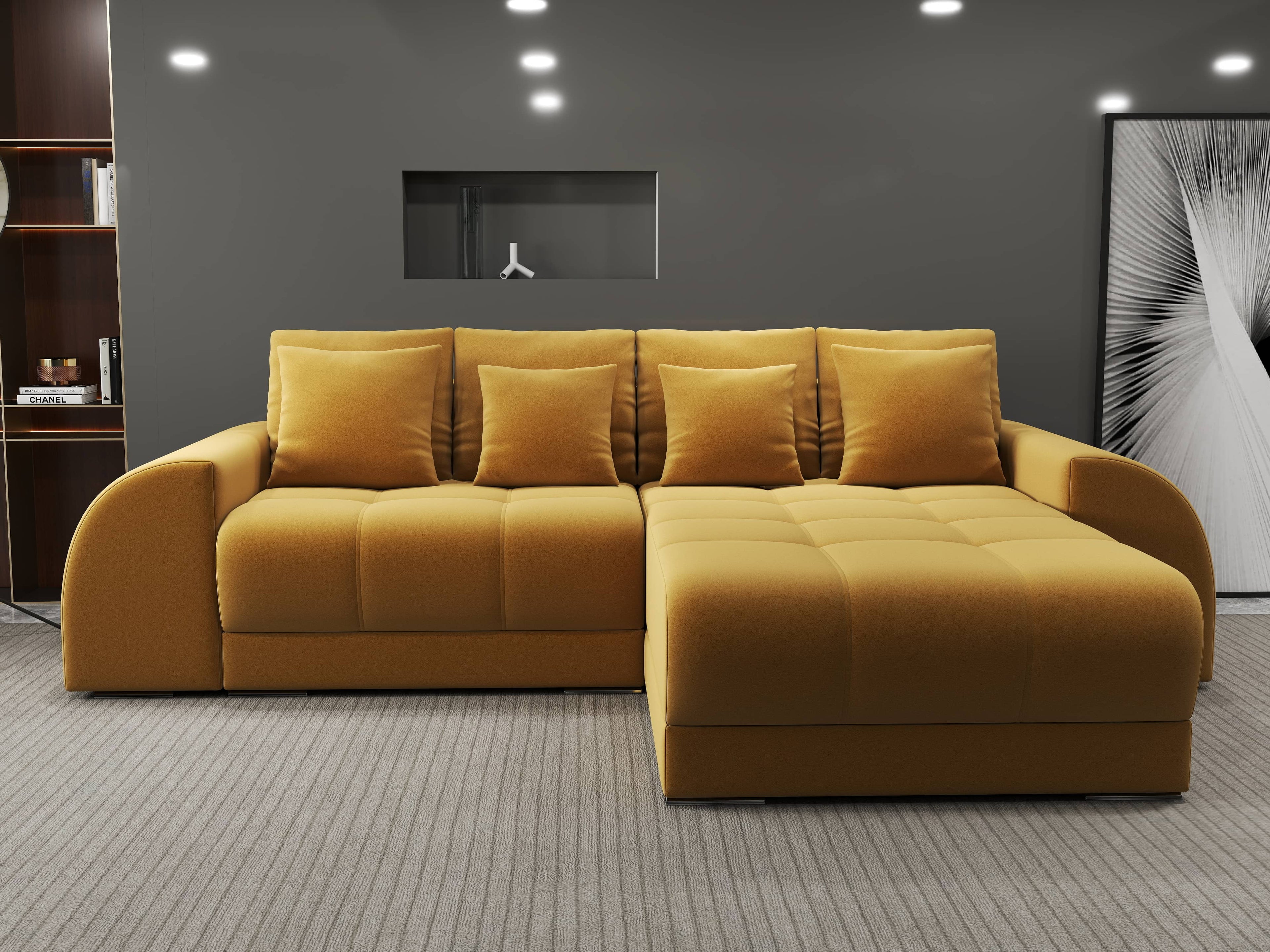 Colțar extensibil dumonde cu ladă de depozitare si sezut confortabil din spuma high-density, Verona Royal Mustar II 290x185 cm