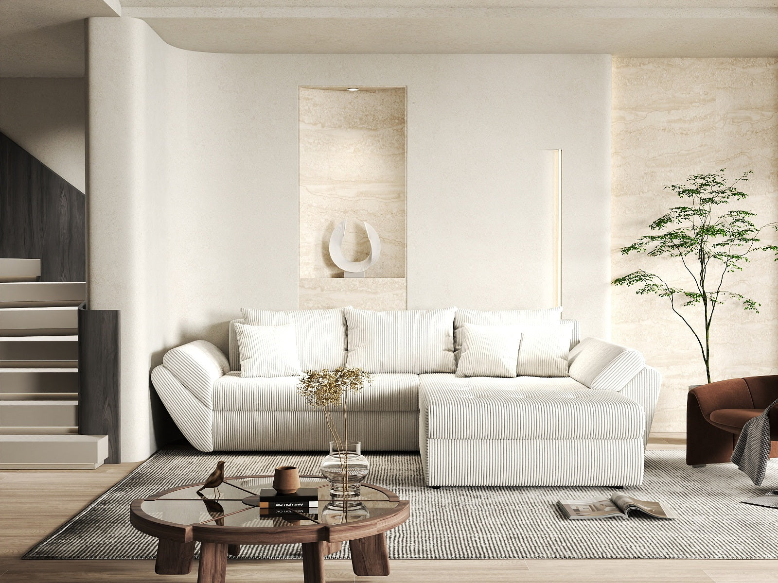 Colțar extensibil dumonde cu ladă de depozitare si sezut confortabil din spuma high-density, Loana Zoom Crem II 270x185 cm