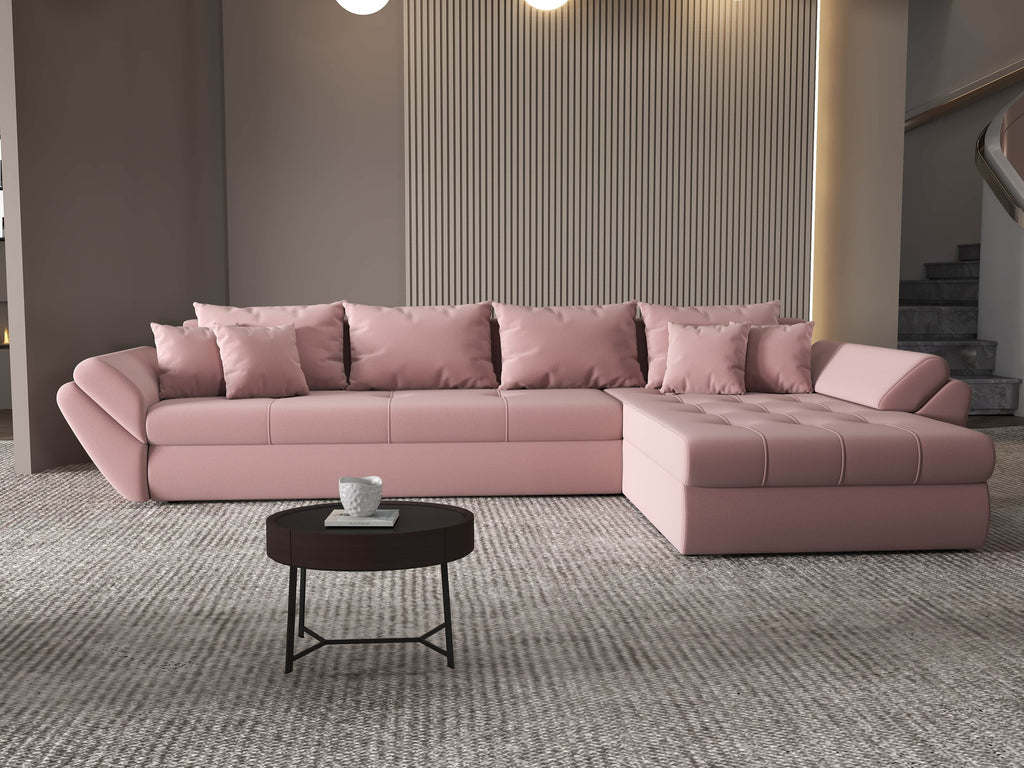 Colțar extensibil dumonde cu ladă de depozitare si sezut confortabil din spuma high-density, Loana XL Royal Roz II 335x185 cm