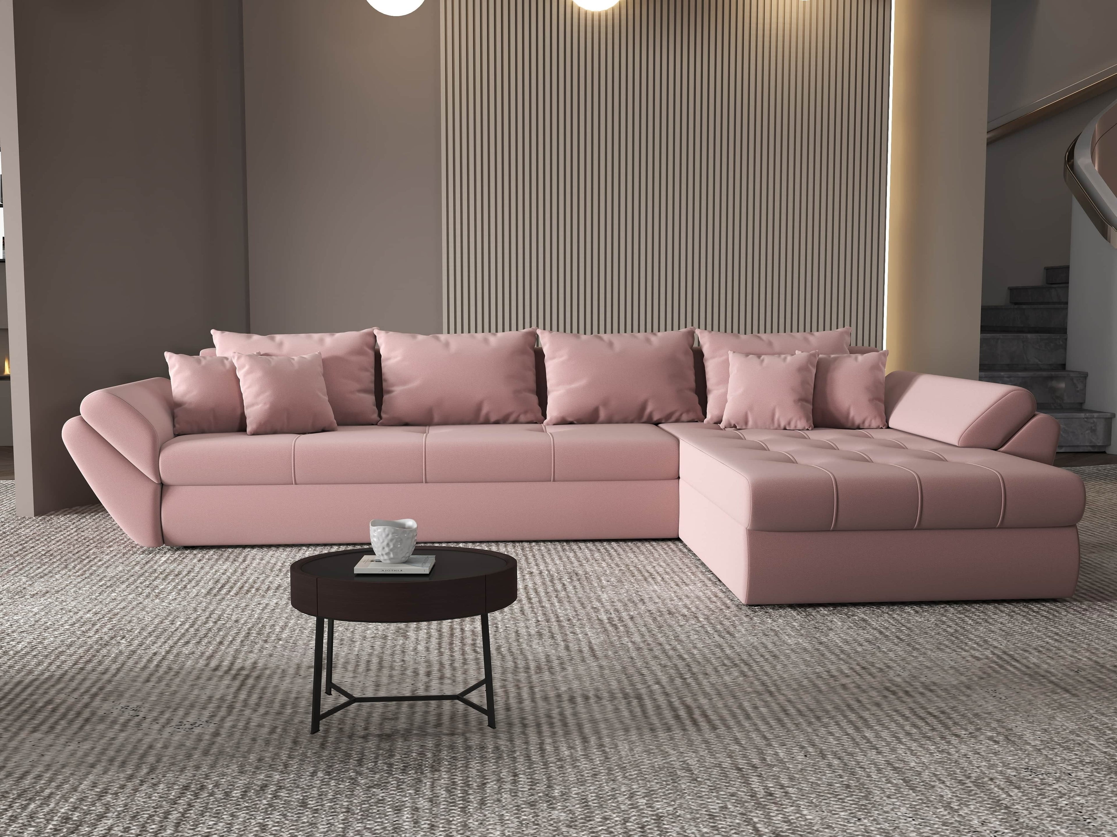 Colțar extensibil dumonde cu ladă de depozitare si sezut confortabil din spuma high-density, Loana XL Royal Roz II 335x185 cm