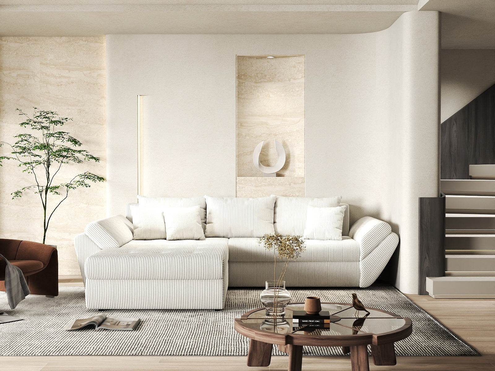 Colțar extensibil dumonde cu ladă de depozitare si sezut confortabil din spuma high-density, Loana Zoom Crem 270x185 cm