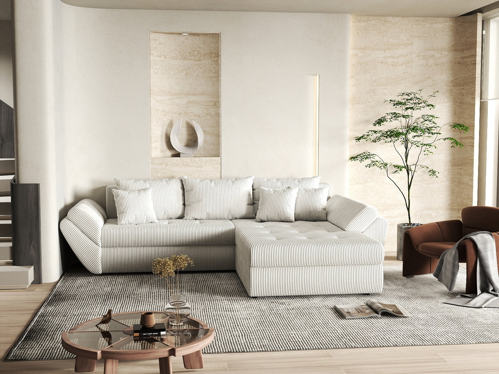 Colțar extensibil dumonde cu ladă de depozitare si sezut confortabil din spuma high-density, Loana Zoom Crem II 270x185 cm