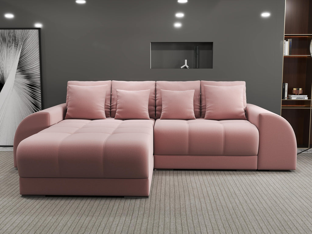 Colțar extensibil dumonde cu ladă de depozitare si sezut confortabil din spuma high-density, Verona Royal Roz 290x185 cm
