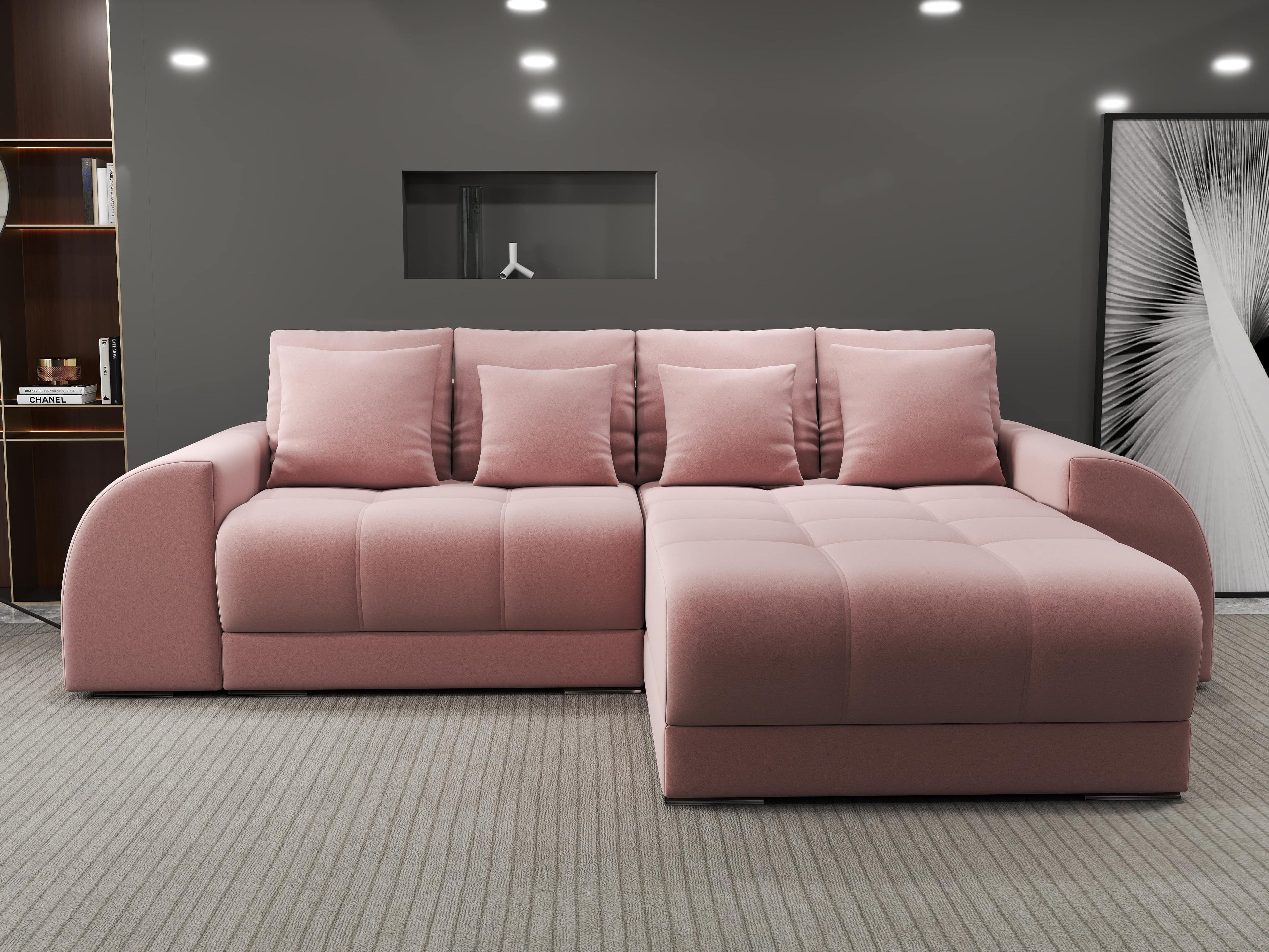 Colțar extensibil dumonde cu ladă de depozitare si sezut confortabil din spuma high-density, Verona Royal Roz II 290x185 cm