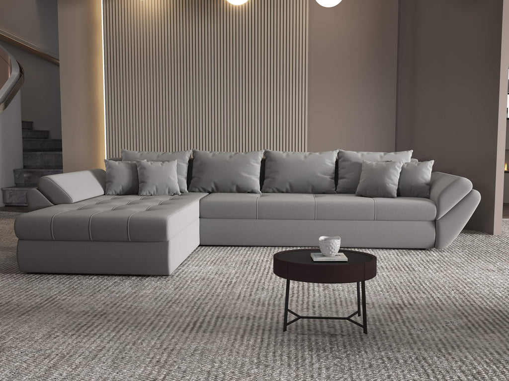 Colțar extensibil dumonde cu ladă de depozitare si sezut confortabil din spuma high-density, Loana XL Royal Gri 335x185 cm