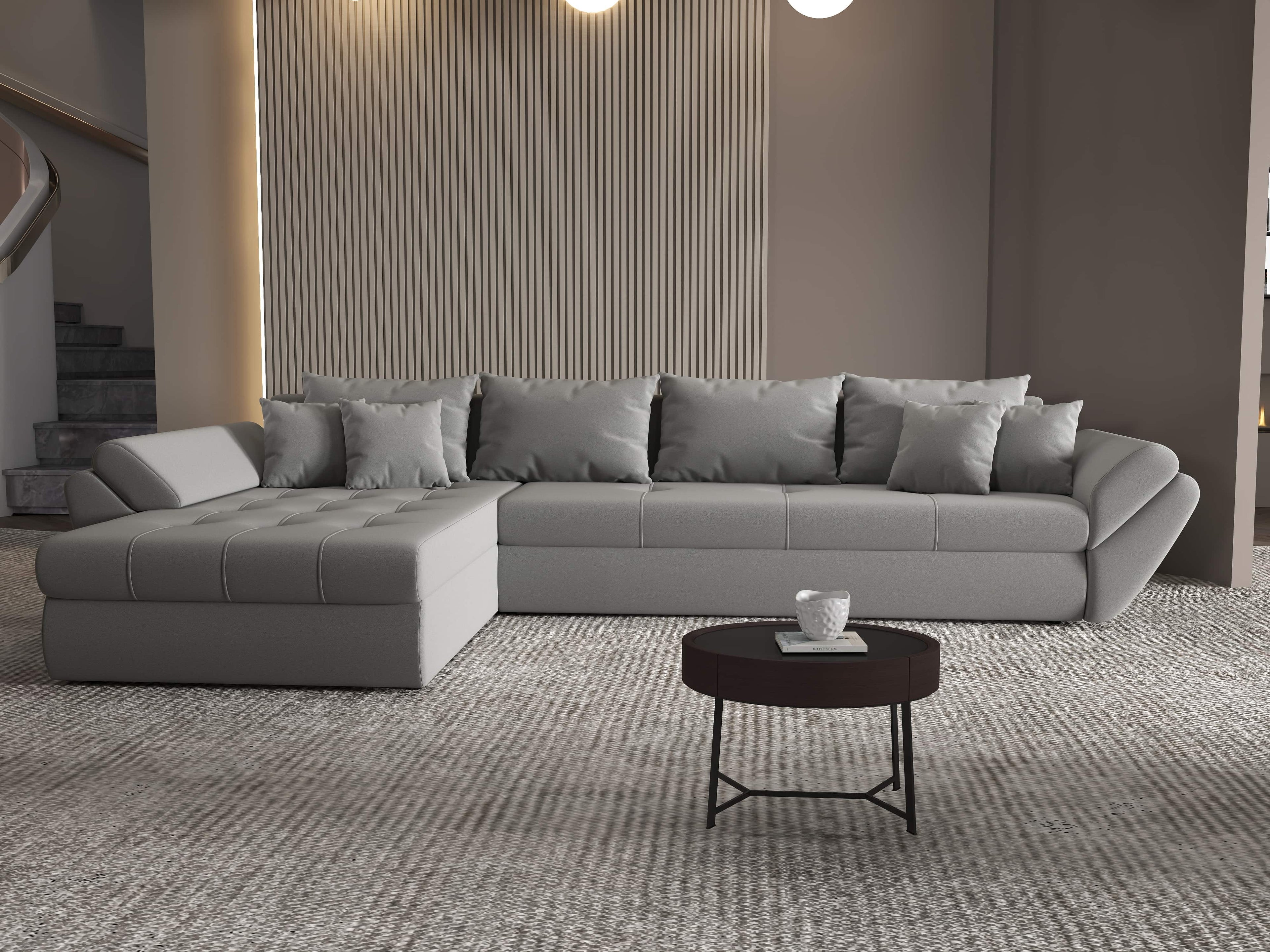 Colțar extensibil dumonde cu ladă de depozitare si sezut confortabil din spuma high-density, Loana XL Royal Gri 335x185 cm