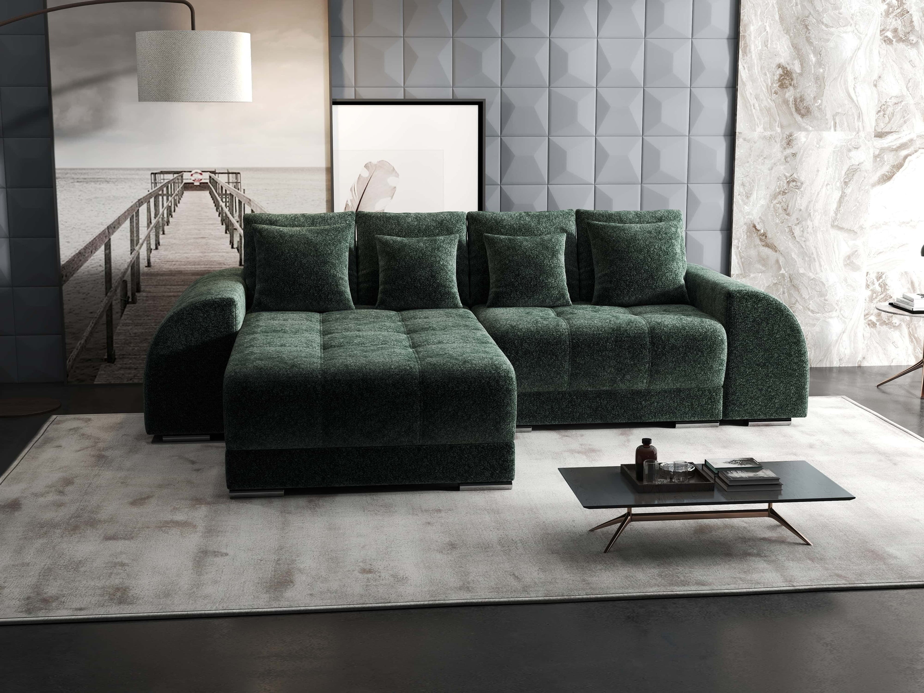 Colțar extensibil dumonde cu ladă de depozitare si sezut confortabil din spuma high-density, Verona Euphoria Verde 290x185 cm