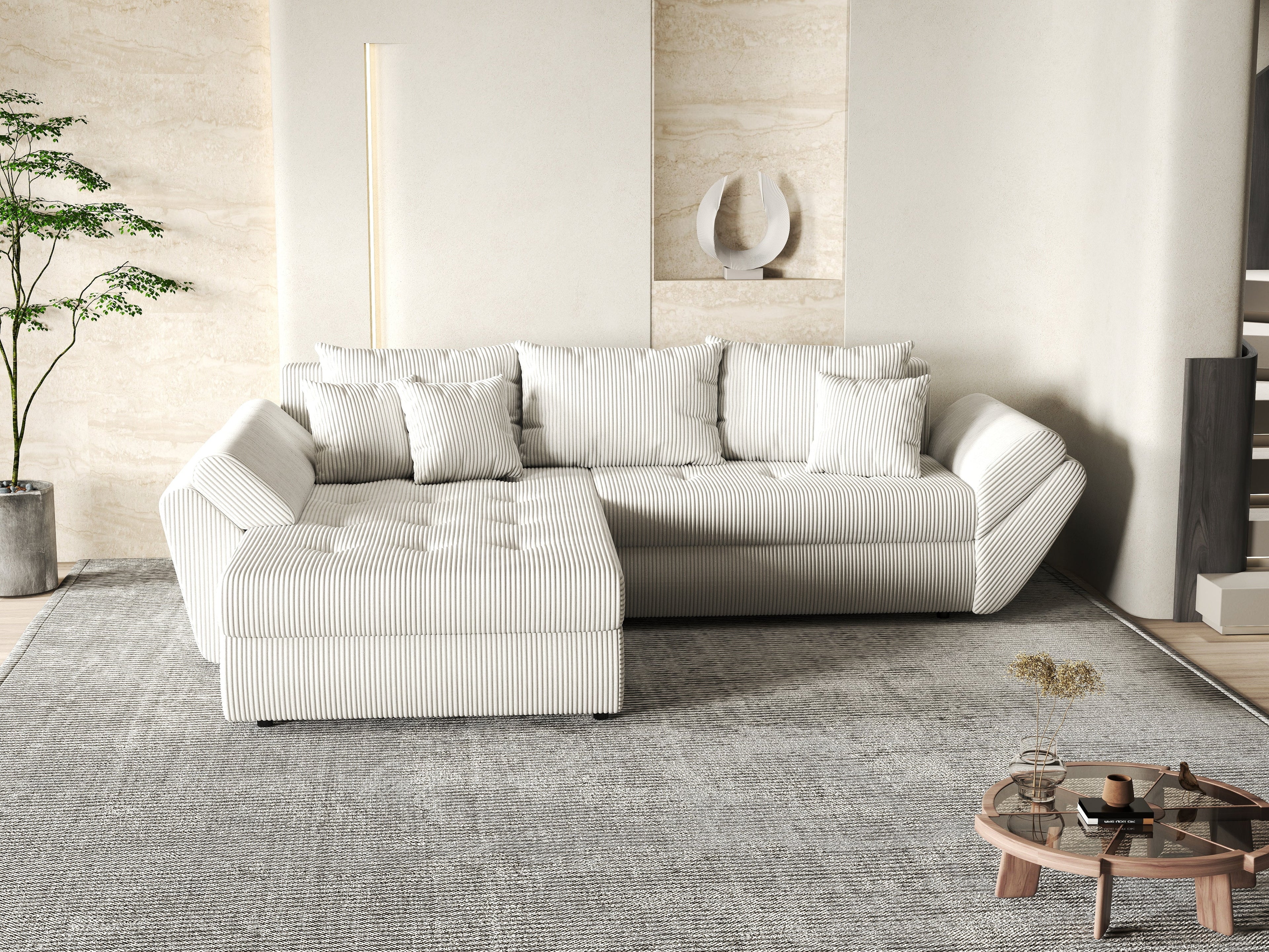 Colțar extensibil dumonde cu ladă de depozitare si sezut confortabil din spuma high-density, Loana Zoom Crem 270x185 cm