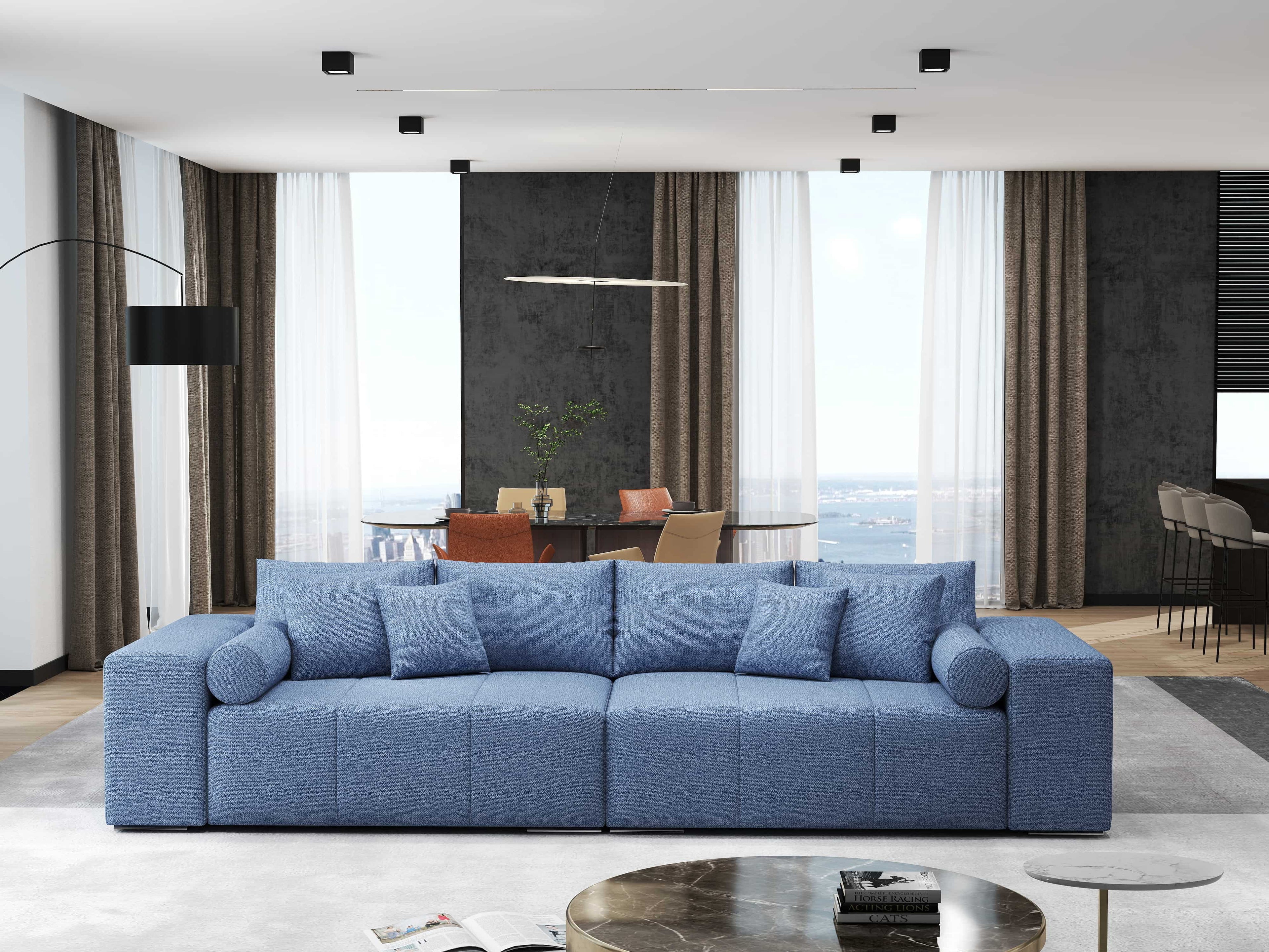 Canapea extensibilă dumonde cu ladă de depozitare si sezut confortabil din spuma high-density, Marbela Enjoy Blue XXL 295x100 cm