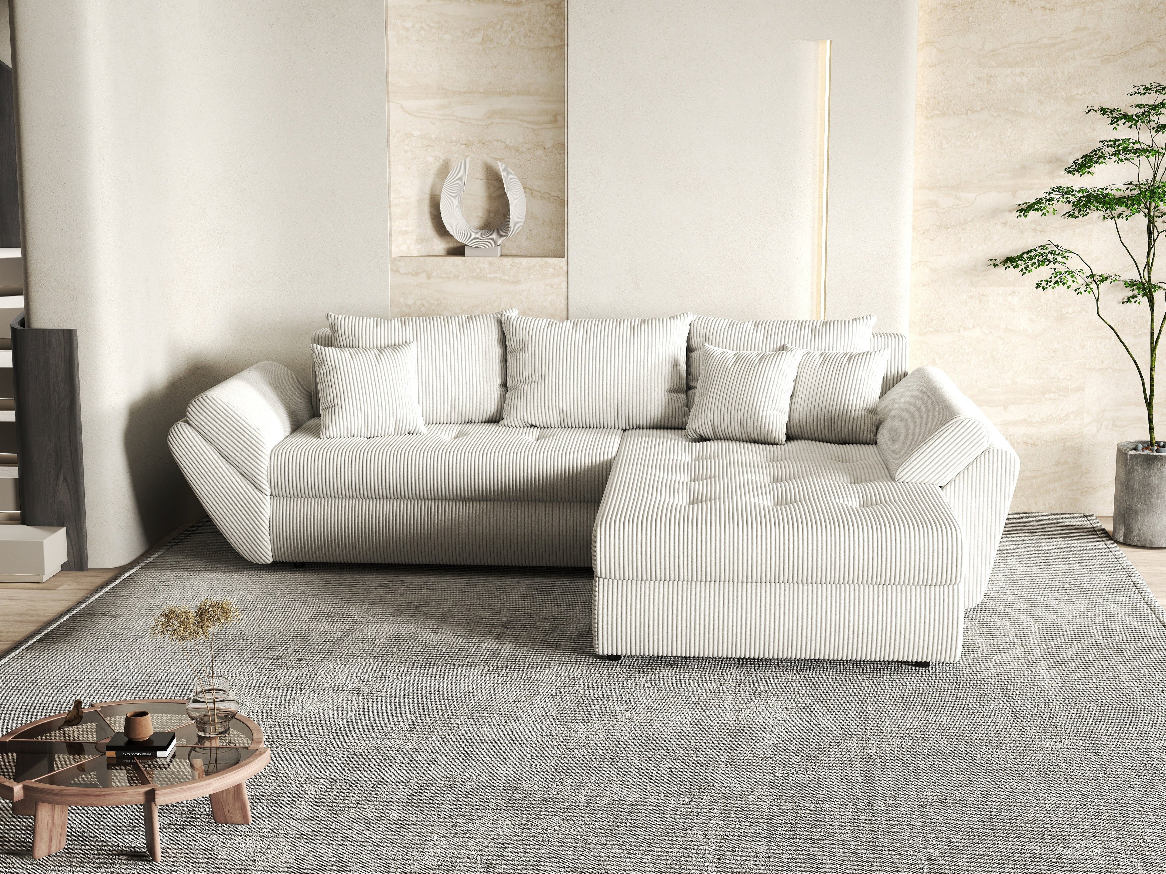 Colțar extensibil dumonde cu ladă de depozitare si sezut confortabil din spuma high-density, Loana Zoom Crem II 270x185 cm