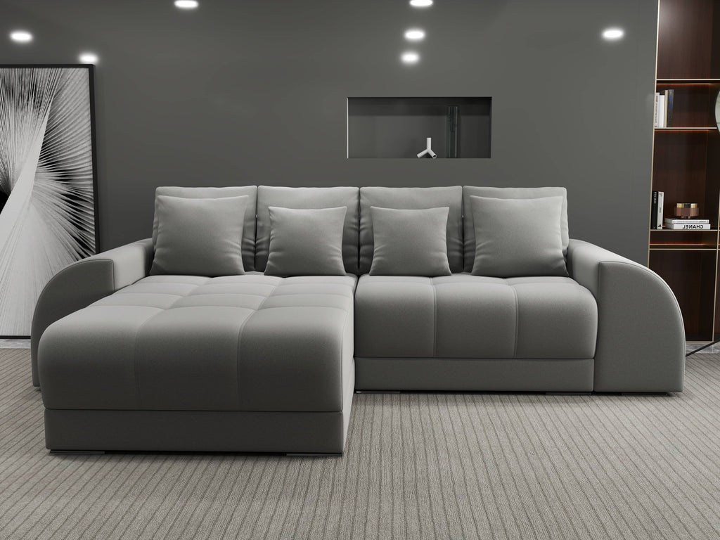 Colțar extensibil dumonde cu ladă de depozitare si sezut confortabil din spuma high-density, Verona Royal Gri 290x185 cm
