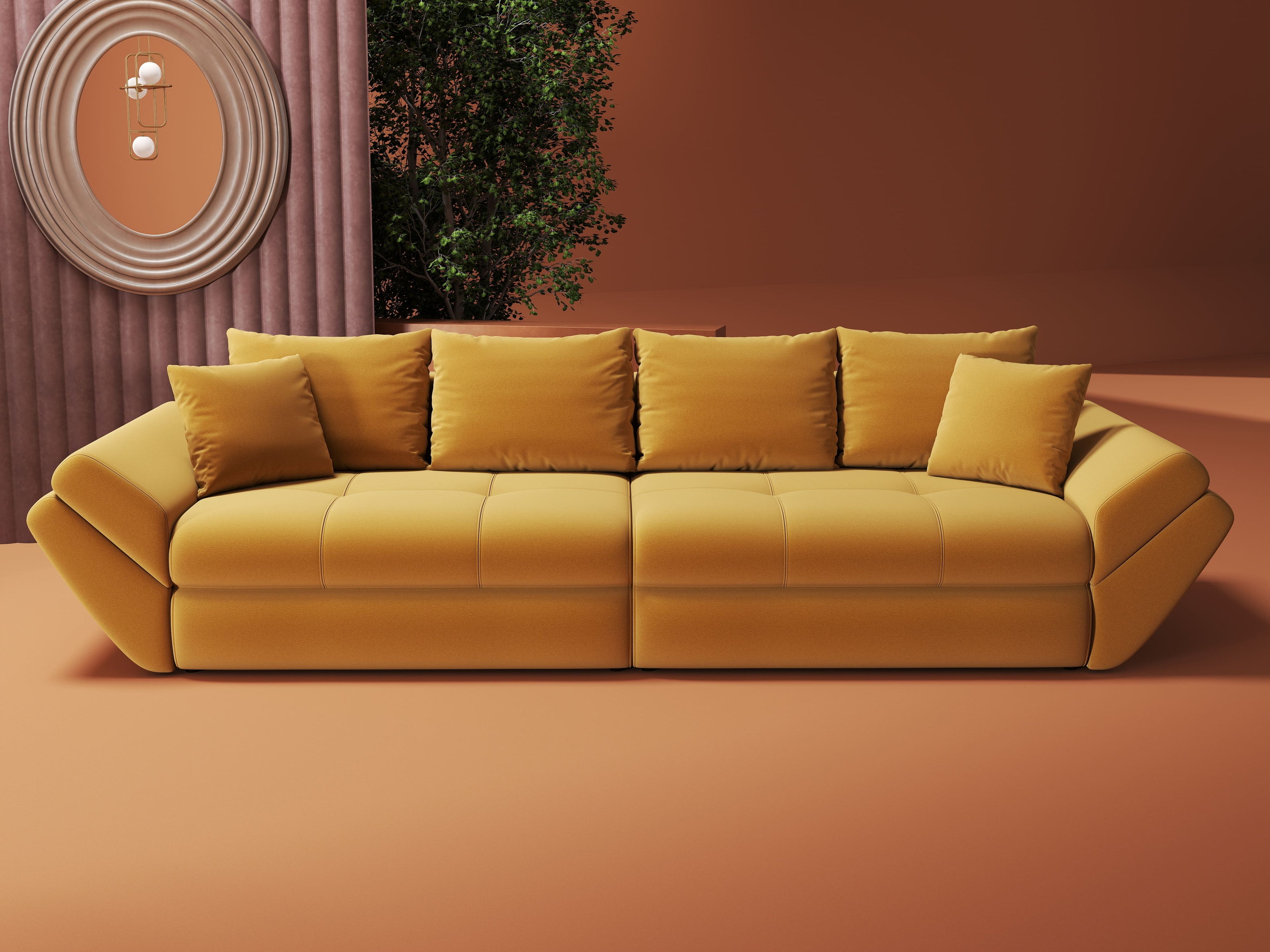 Canapea extensibilă dumonde cu ladă de depozitare si sezut confortabil din spuma high-density, Loana Royal Mustar 300x100 cm