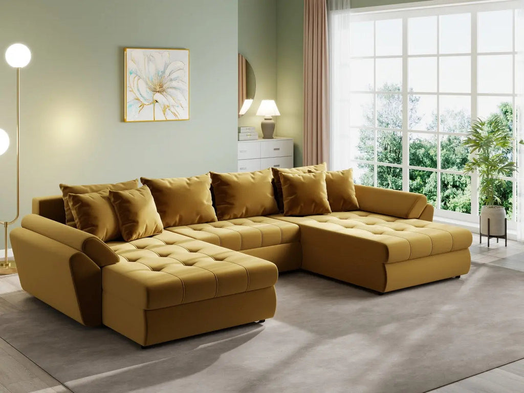 Colțar extensibil dumonde cu ladă de depozitare si sezut confortabil din spuma high-density, Loana U Royal Mustar 355x185 cm