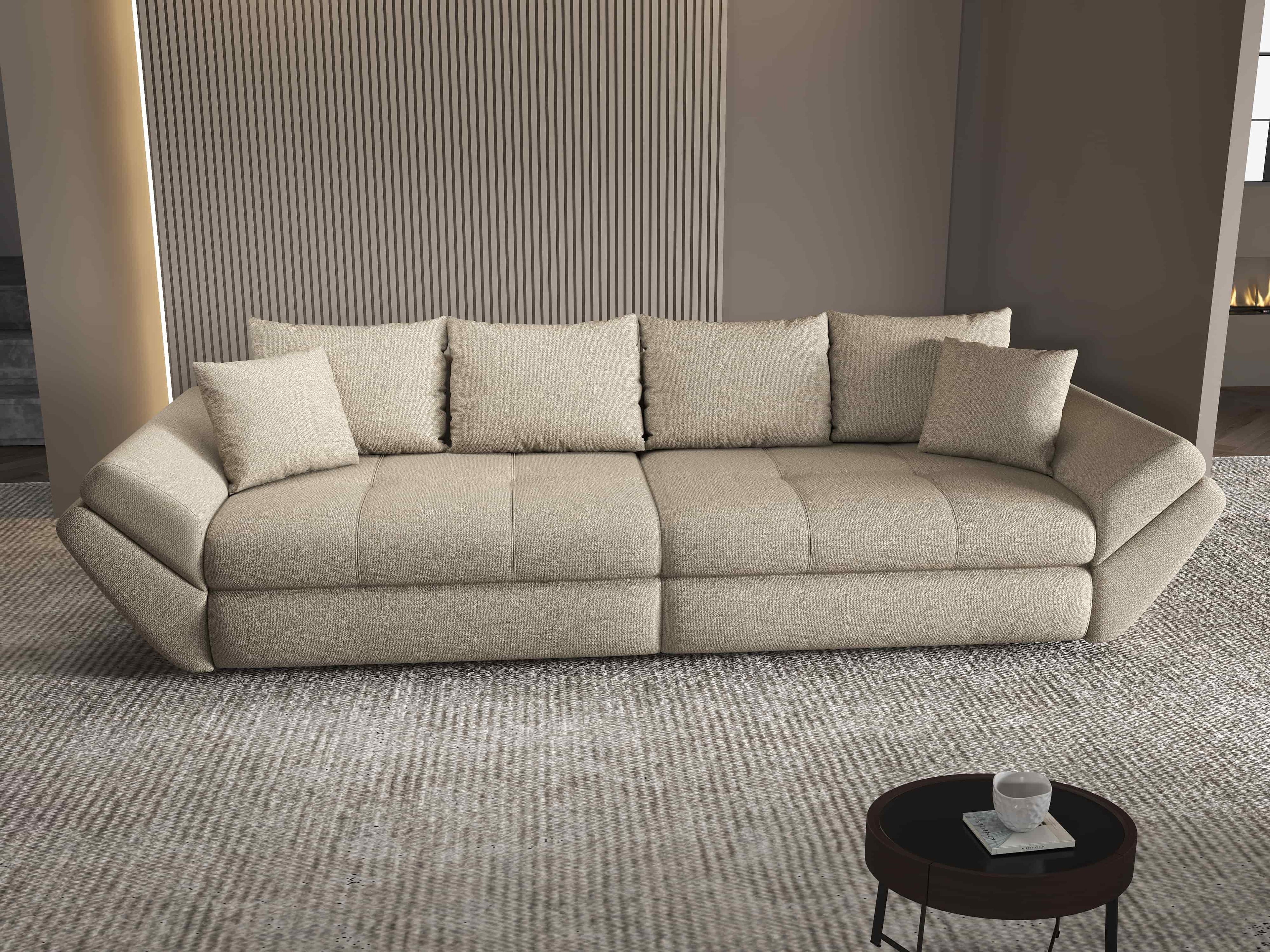 Canapea extensibilă dumonde cu ladă de depozitare si sezut confortabil din spuma high-density, Loana Enjoy Camel 300x100 cm