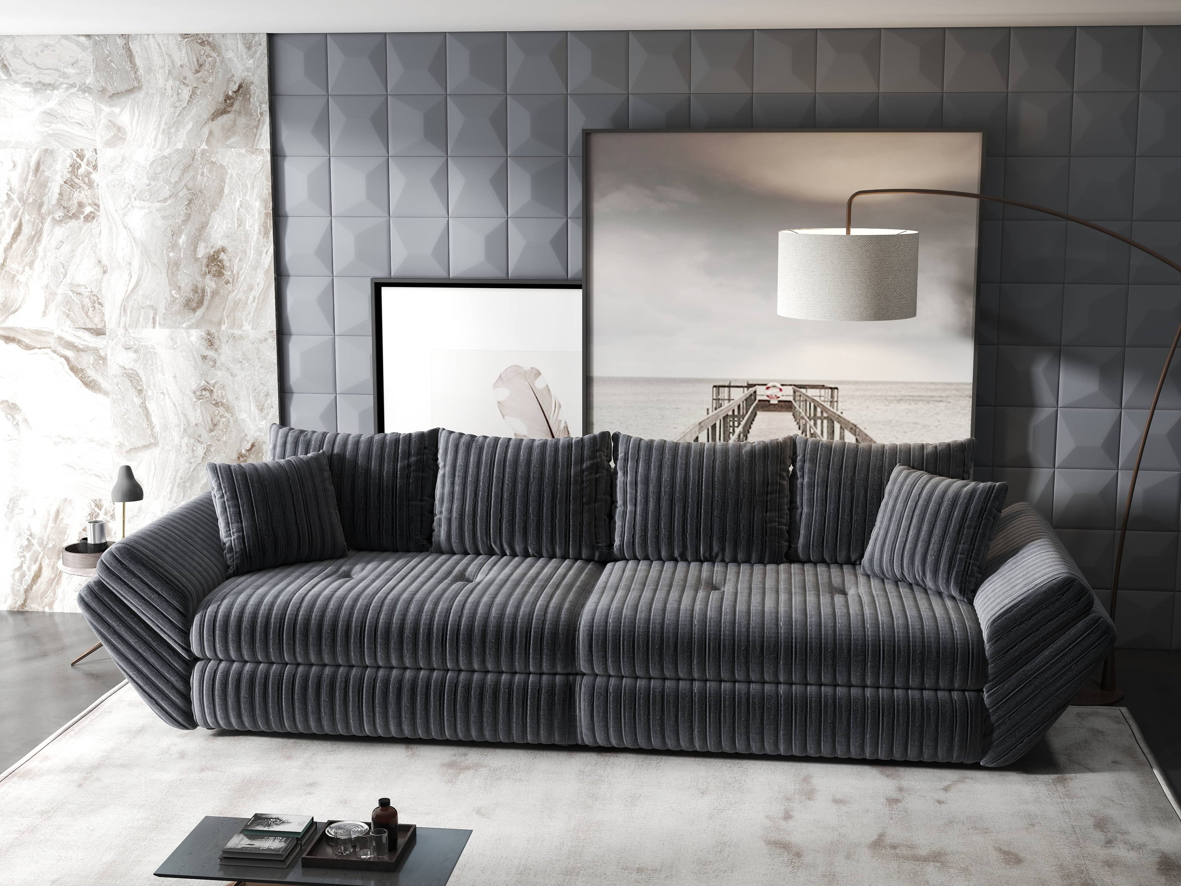 Canapea extensibilă dumonde cu ladă de depozitare si sezut confortabil din spuma high-density, Loana Ambience Gri 300x100 cm