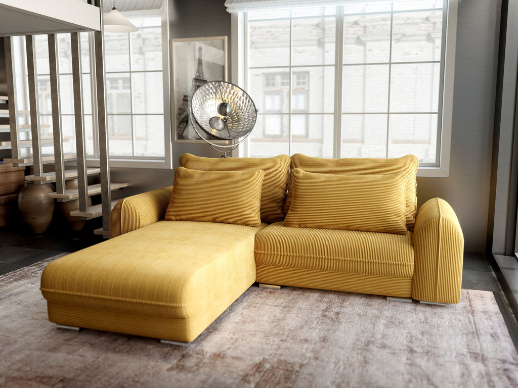 Colțar extensibil dumonde cu ladă de depozitare si sezut confortabil din spuma high-density, Denver Zoom Mustar 275x185 cm