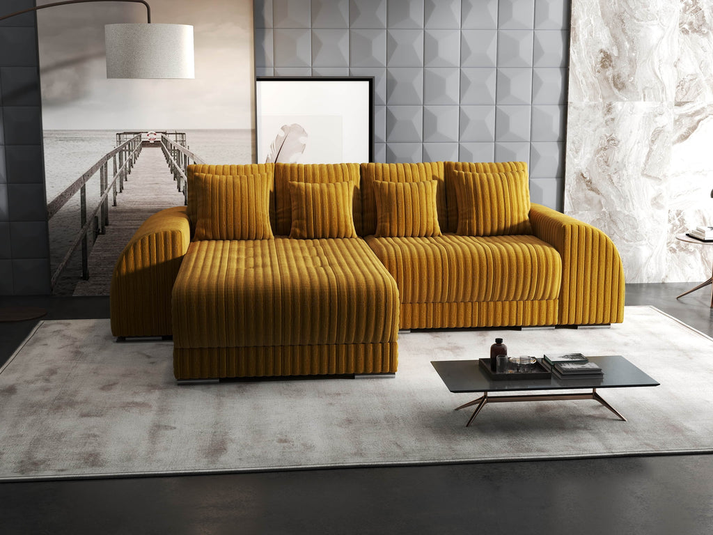 Colțar extensibil dumonde cu ladă de depozitare si sezut confortabil din spuma high-density, Verona Ambience Mustar 290x185 cm