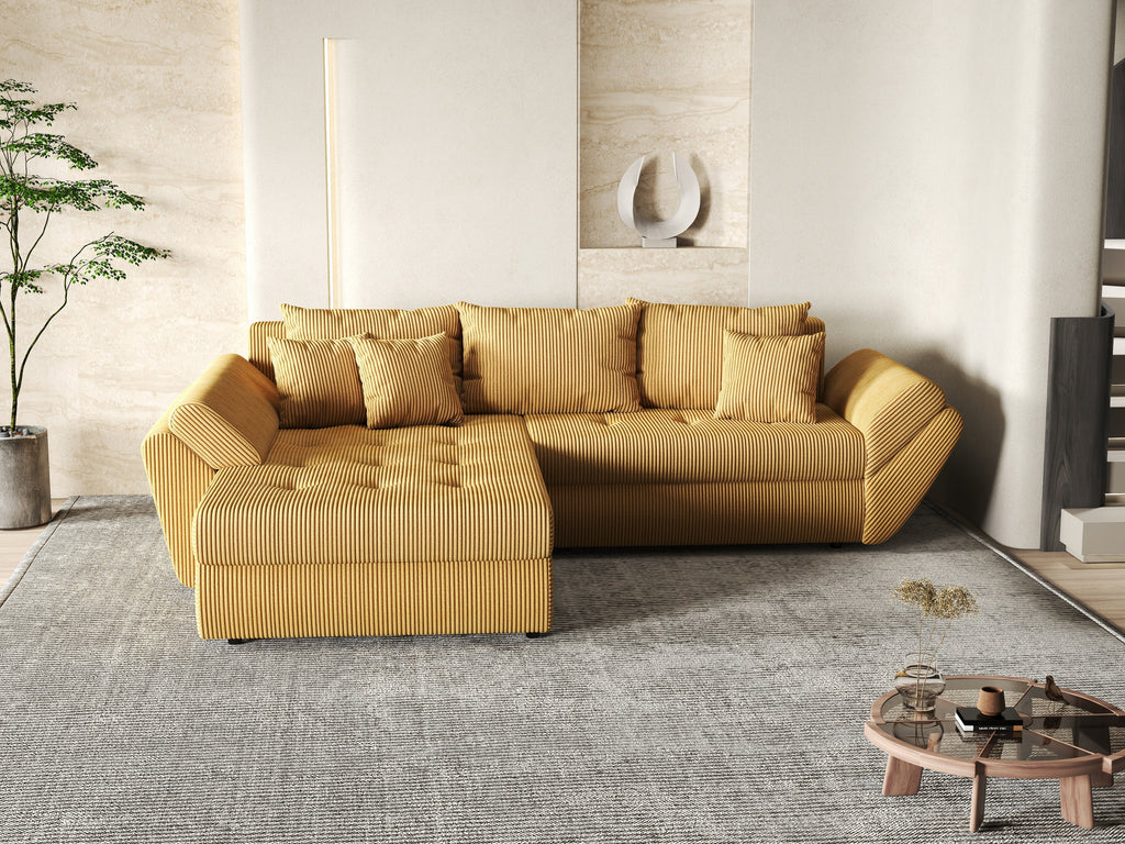 Colțar extensibil dumonde cu ladă de depozitare si sezut confortabil din spuma high-density, Loana Zoom Mustar 270x185 cm