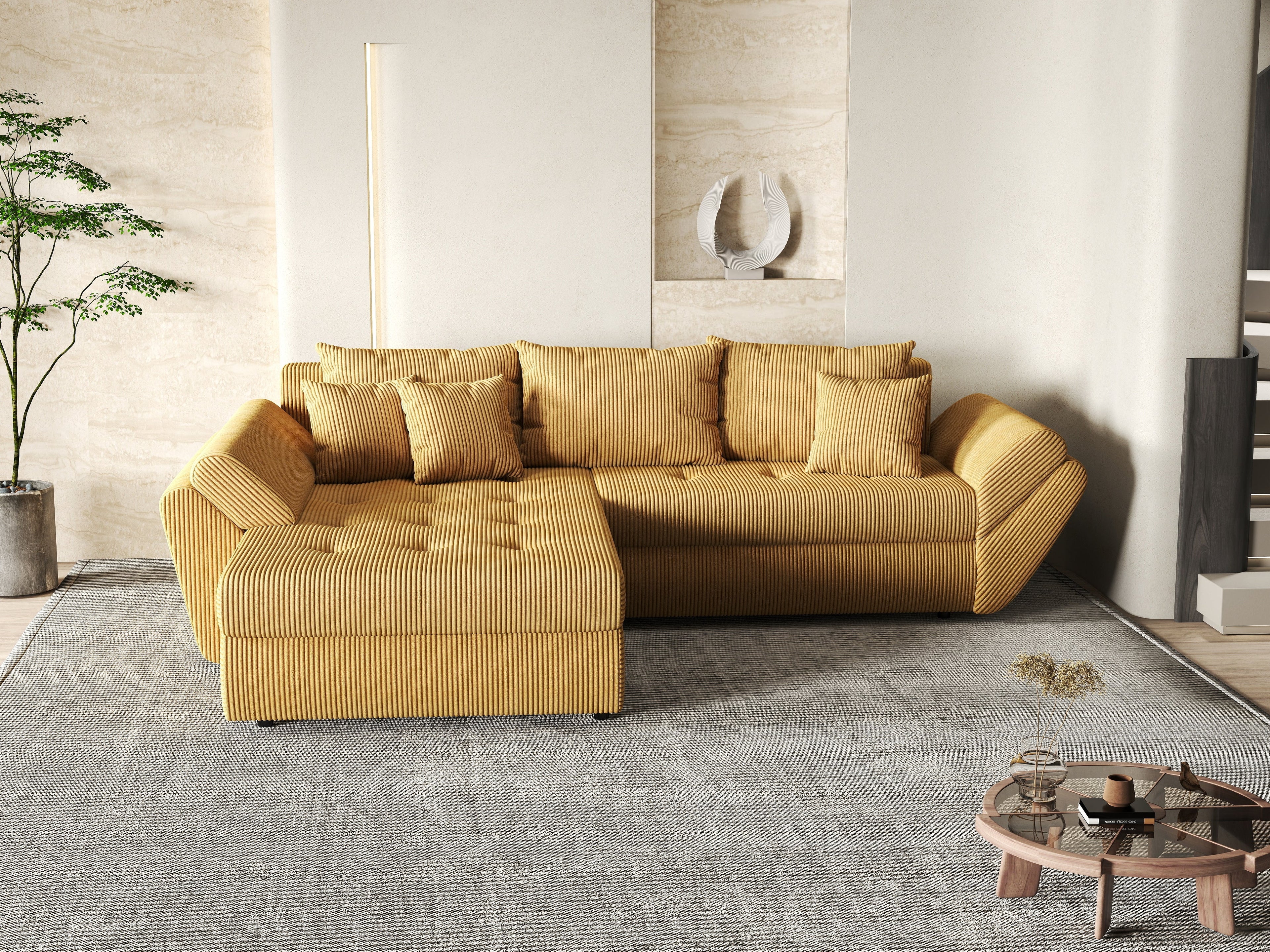 Colțar extensibil dumonde cu ladă de depozitare si sezut confortabil din spuma high-density, Loana Zoom Mustar 270x185 cm