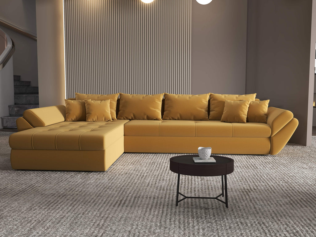 Colțar extensibil dumonde cu ladă de depozitare si sezut confortabil din spuma high-density, Loana XL Royal Mustar 335x185 cm