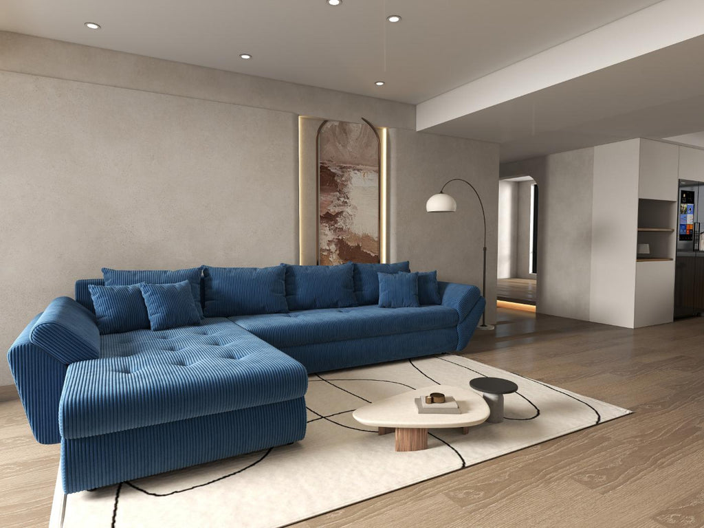Colțar extensibil dumonde cu ladă de depozitare si sezut confortabil din spuma high-density, Loana XL Zoom Albastru 335x185 cm