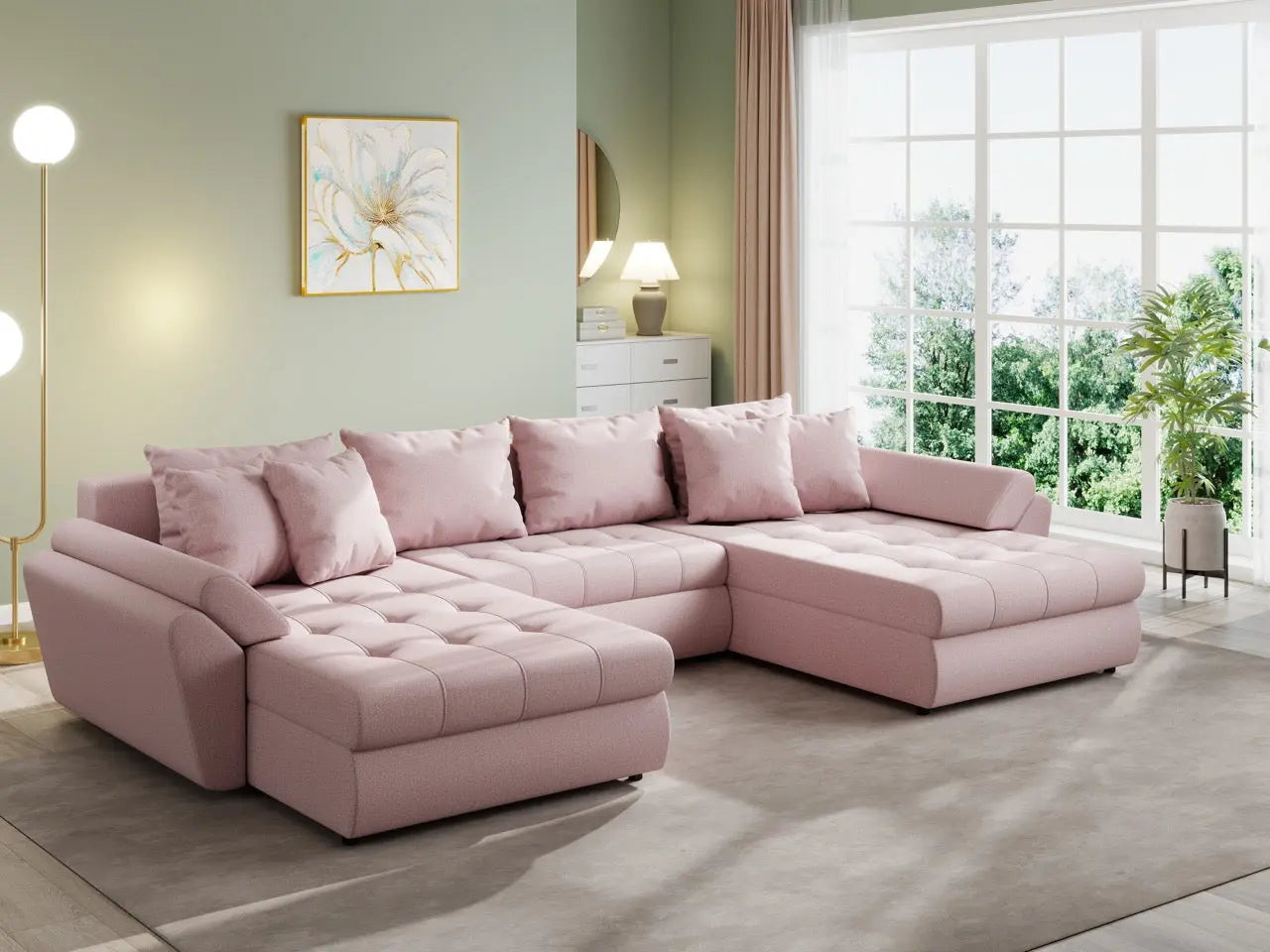 Colțar extensibil dumonde cu ladă de depozitare si sezut confortabil din spuma high-density, Loana U Enjoy Flamingo 355x185 cm