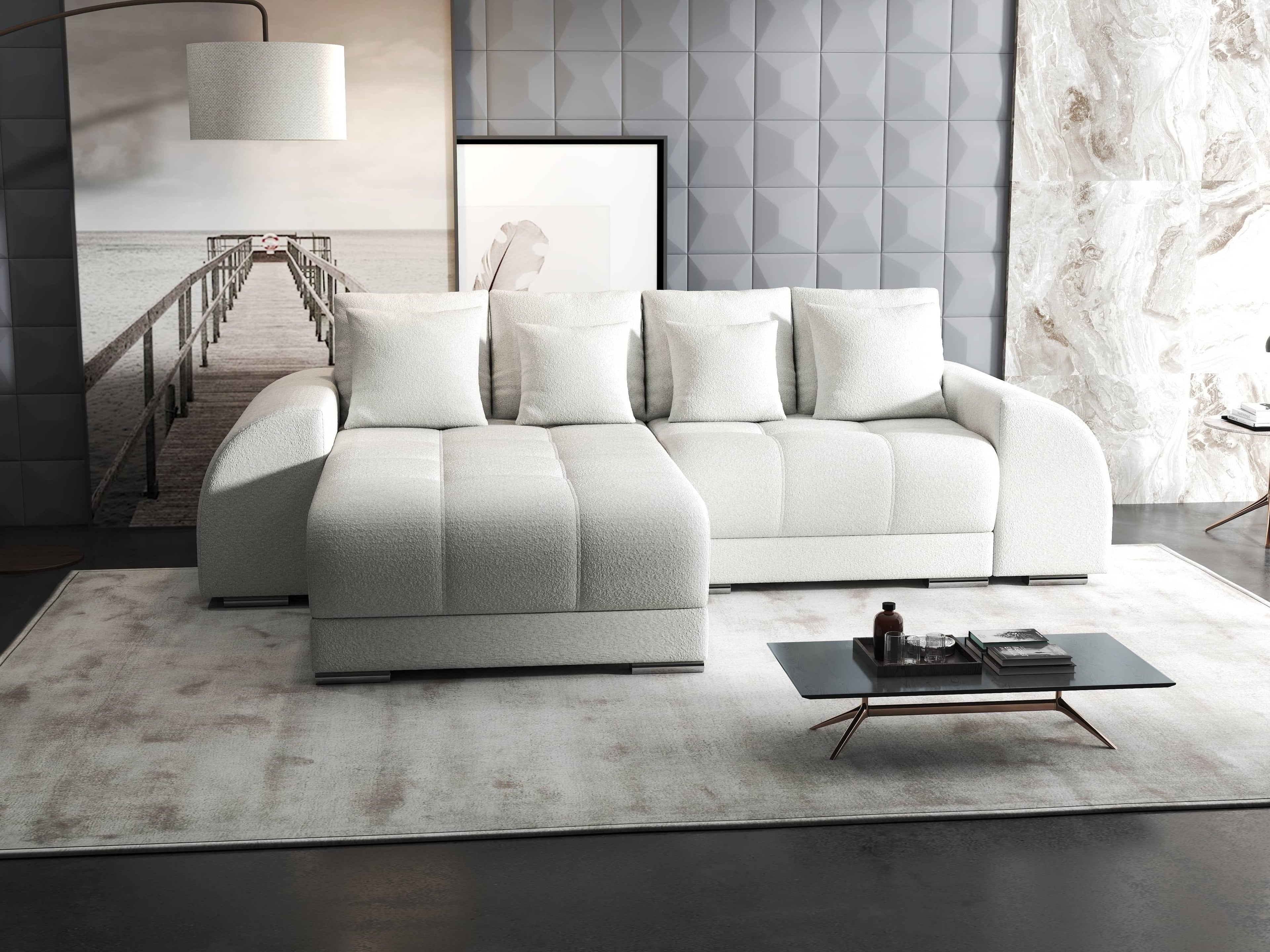 Colțar extensibil dumonde cu ladă de depozitare si sezut confortabil din spuma high-density, Verona Euphoria Ivory 290x185 cm