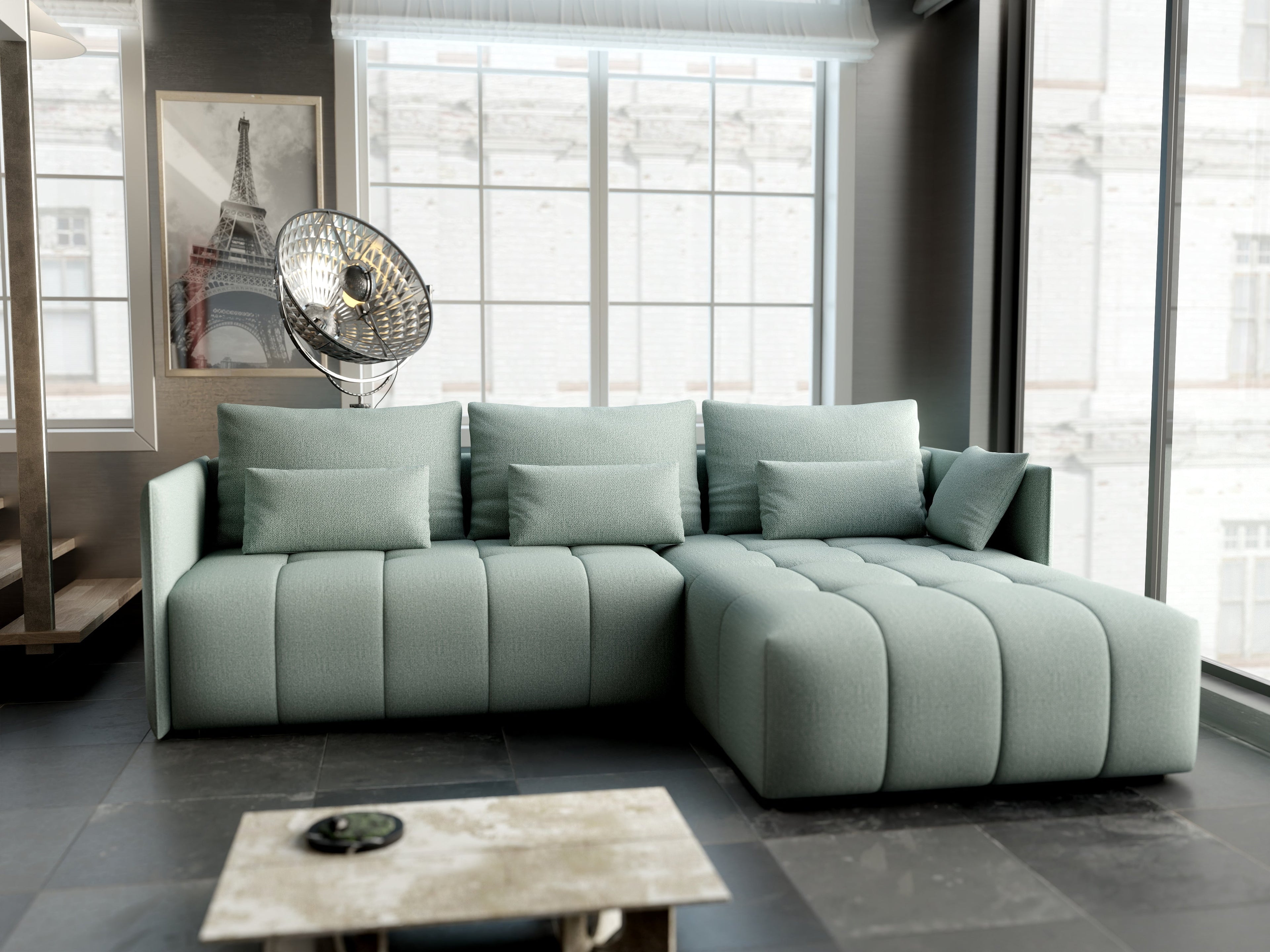 Colțar extensibil dumonde cu ladă de depozitare si sezut confortabil din spuma high-density, Malta Enjoy Mint II 235x185 cm