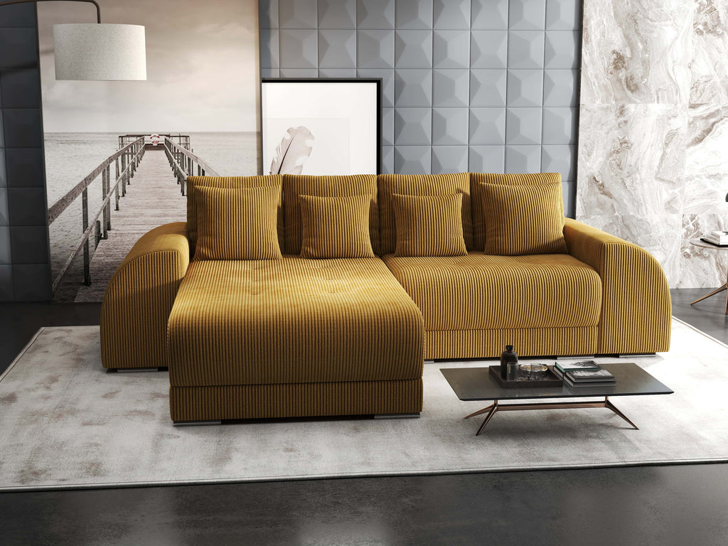 Colțar extensibil dumonde cu ladă de depozitare si sezut confortabil din spuma high-density, Verona Zoom Mustar 290x185 cm