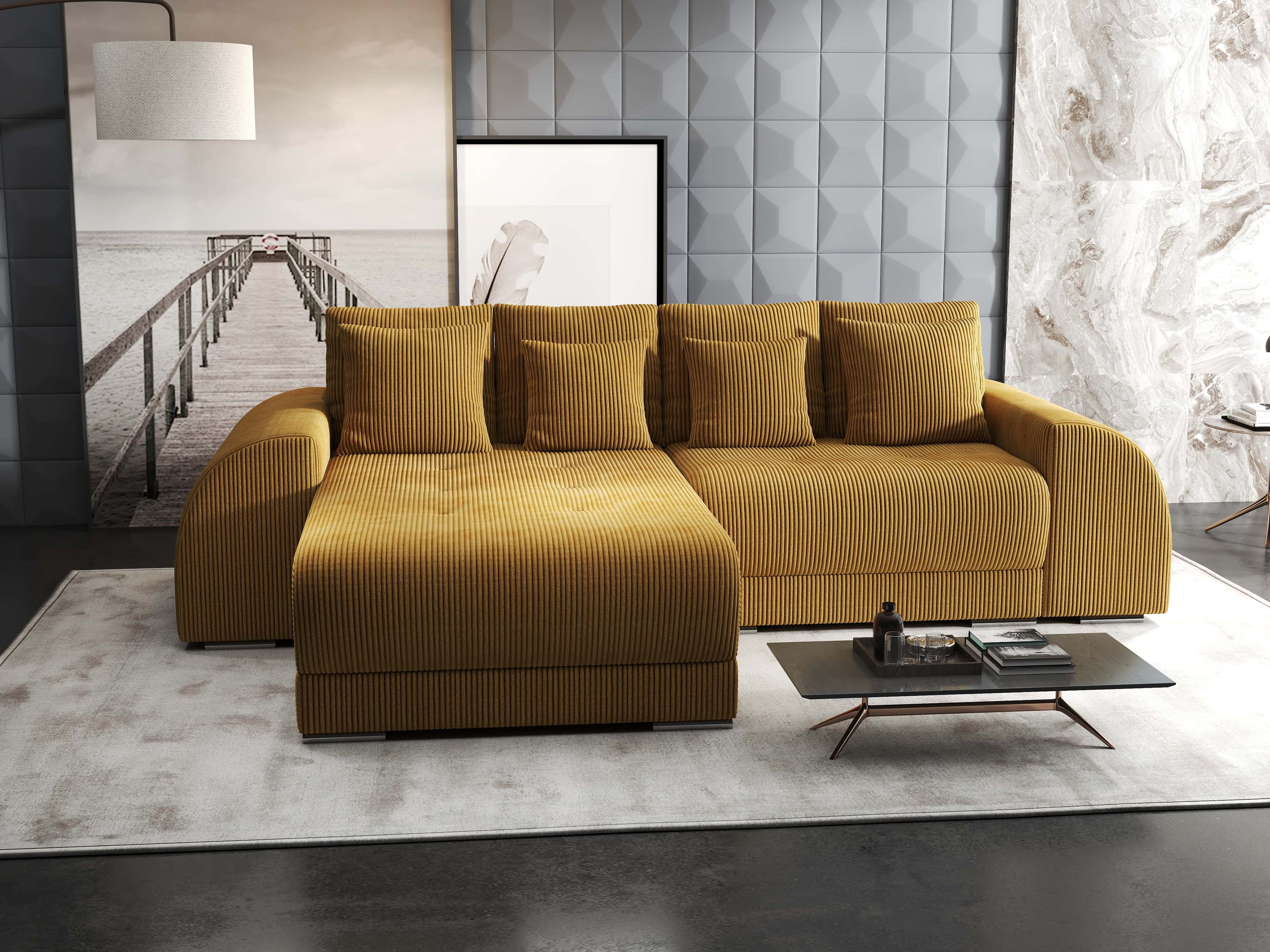 Colțar extensibil dumonde cu ladă de depozitare si sezut confortabil din spuma high-density, Verona Zoom Mustar 290x185 cm