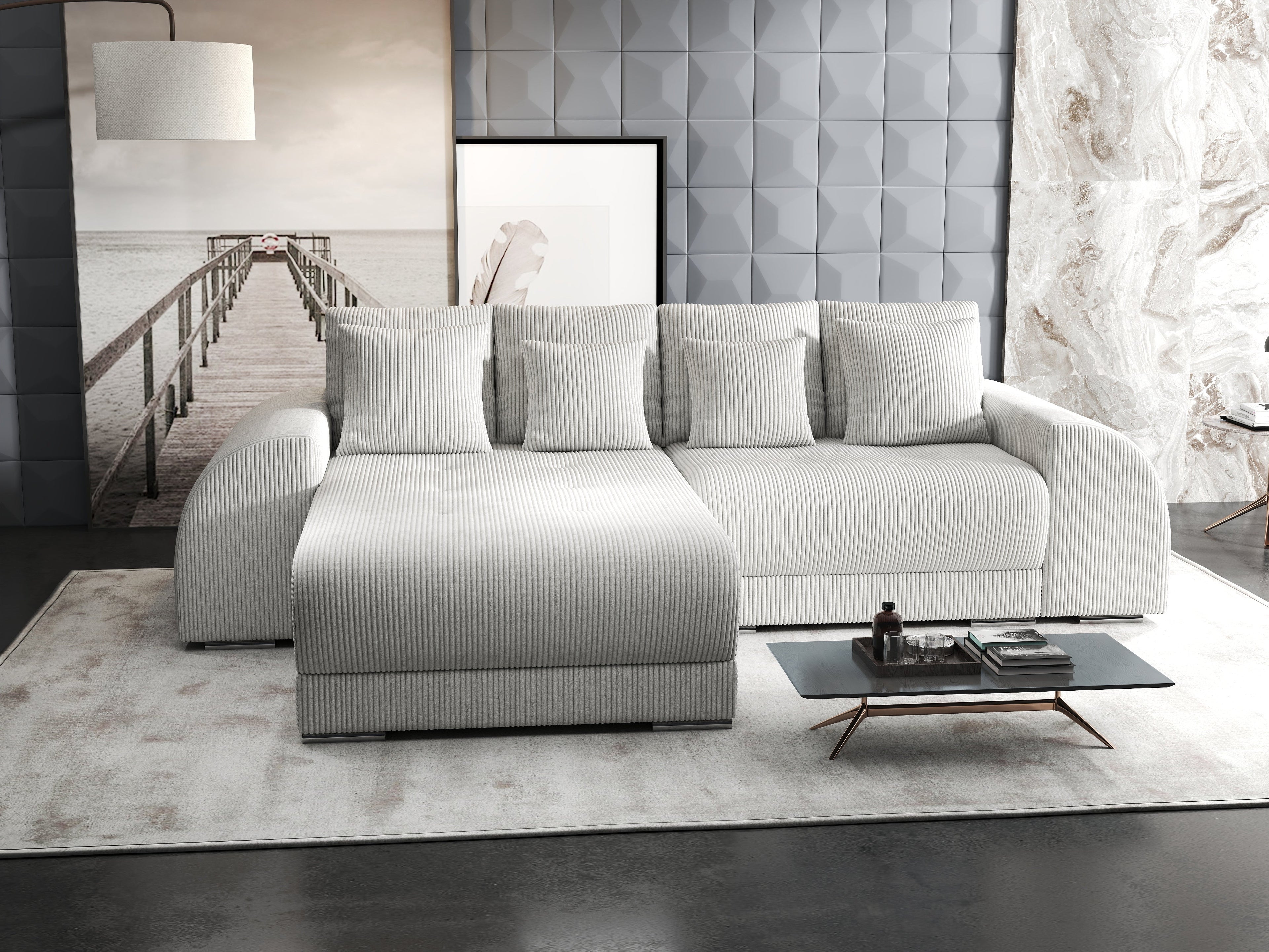 Colțar extensibil dumonde cu ladă de depozitare si sezut confortabil din spuma high-density, Verona Zoom Crem 290x185 cm