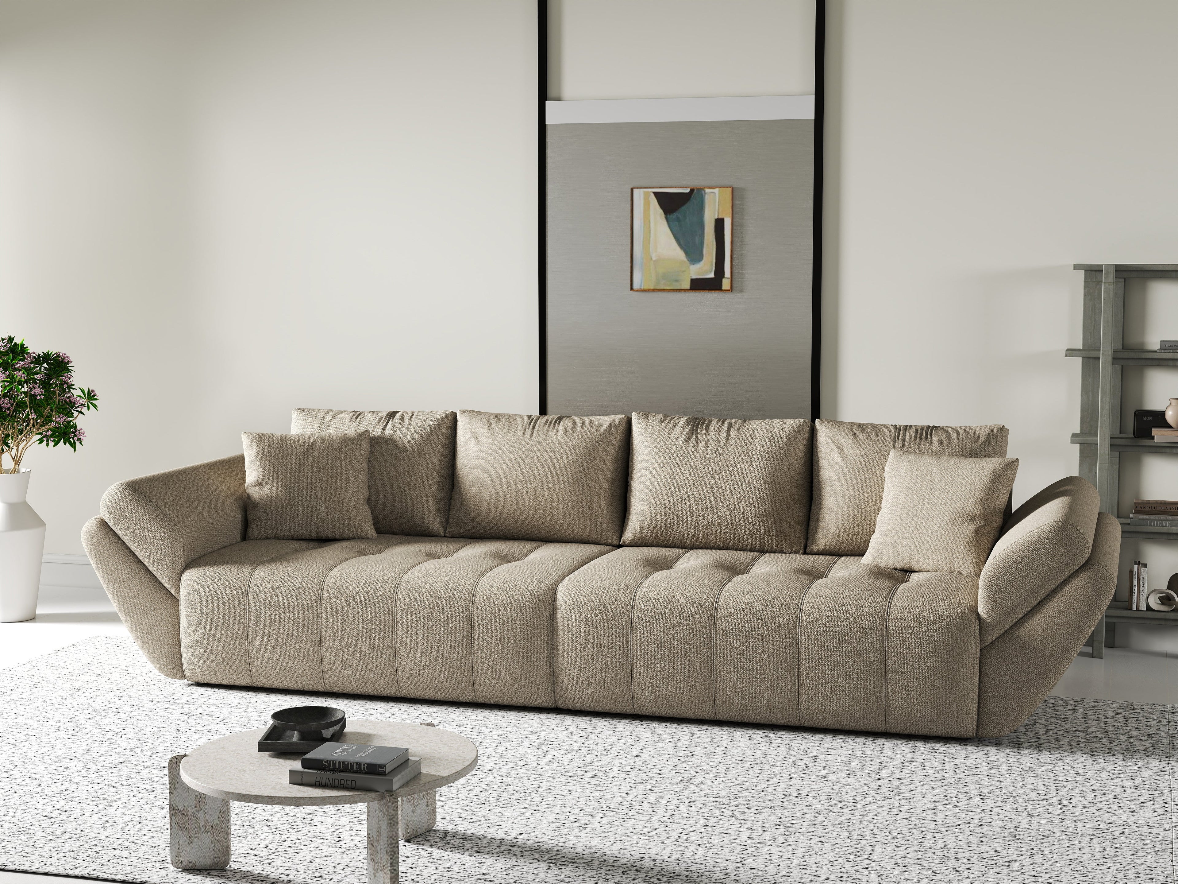 Canapea extensibilă dumonde cu ladă de depozitare si sezut confortabil din spuma high-density, Berlin Enjoy Camel 300x100 cm