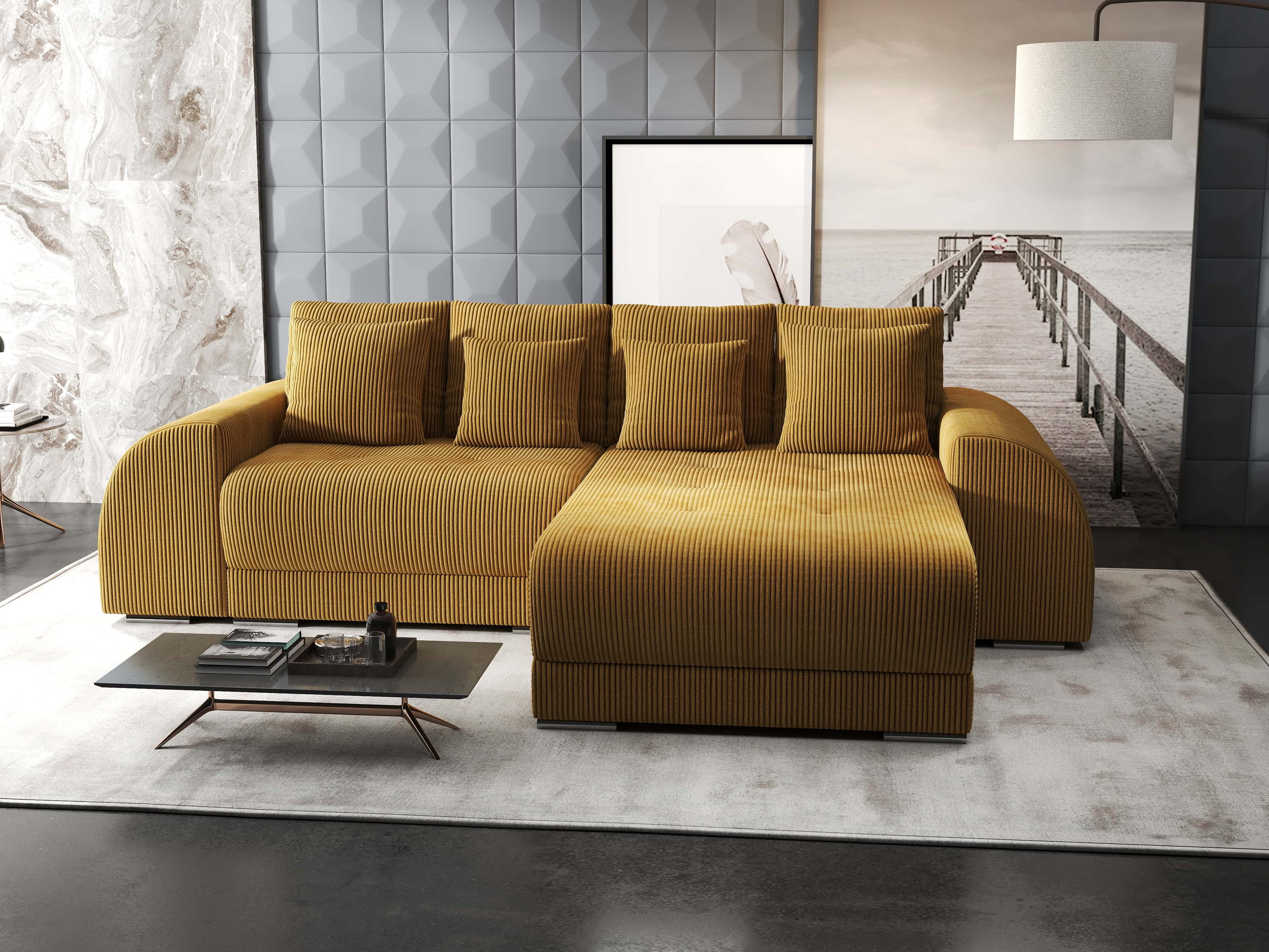 Colțar extensibil dumonde cu ladă de depozitare si sezut confortabil din spuma high-density, Verona Zoom Mustar II 290x185 cm
