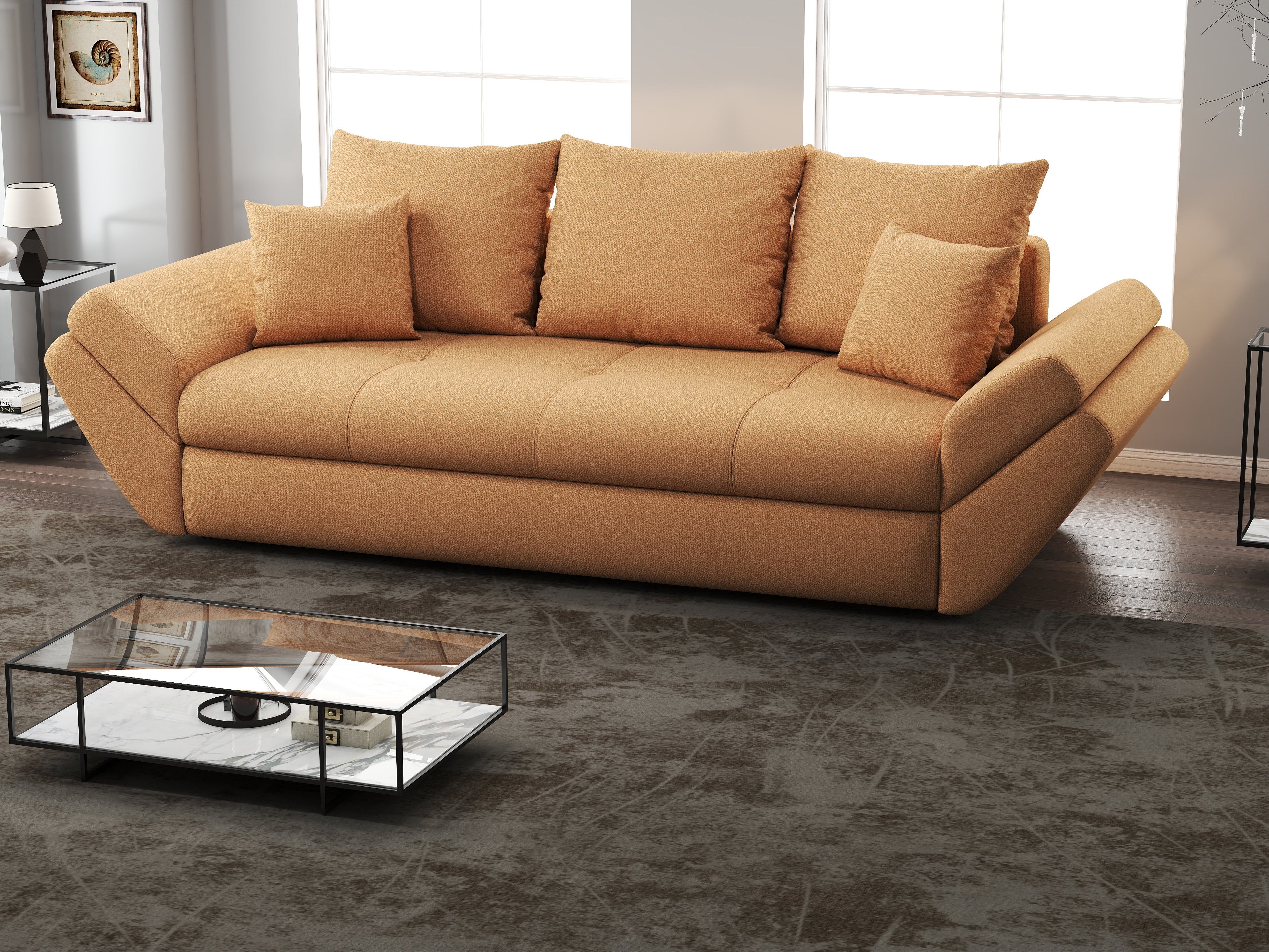 Canapea extensibilă dumonde cu ladă de depozitare si sezut confortabil din spuma high-density, Loana Enjoy Mango 250x100 cm