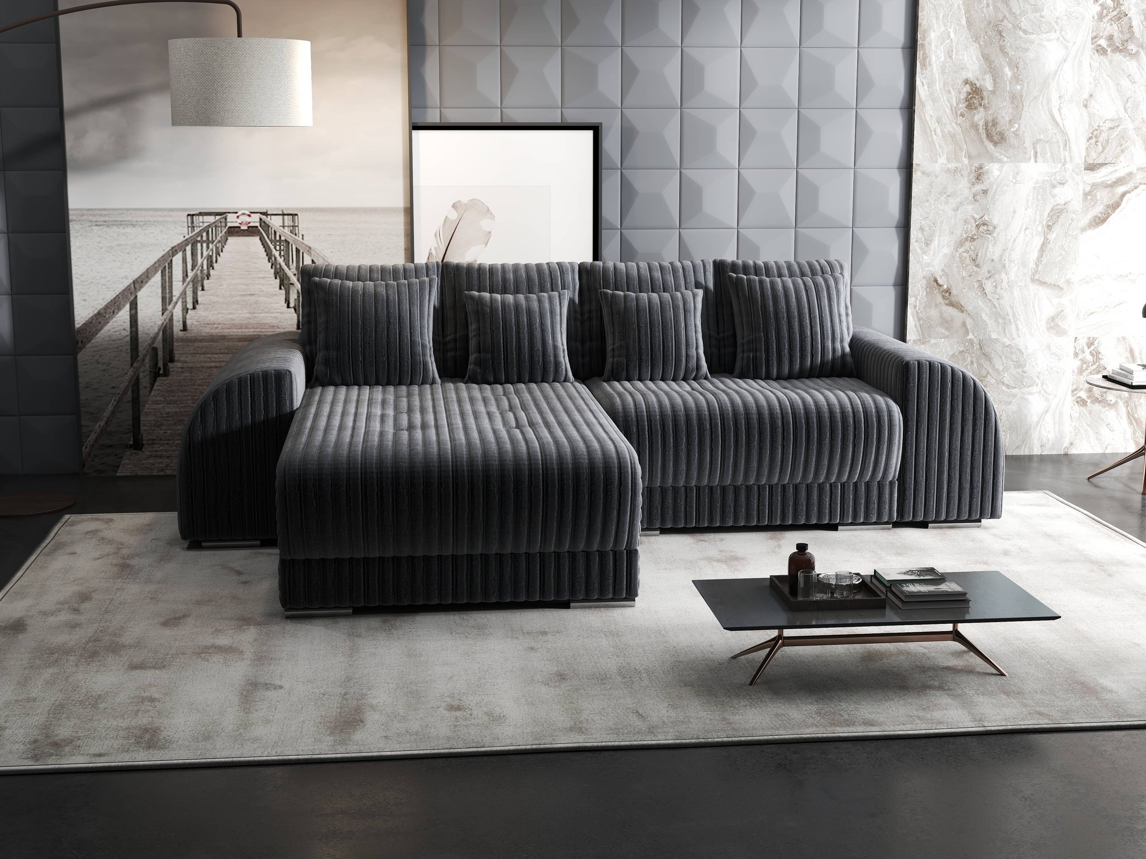 Colțar extensibil dumonde cu ladă de depozitare si sezut confortabil din spuma high-density, Verona Ambience Gri 290x185 cm