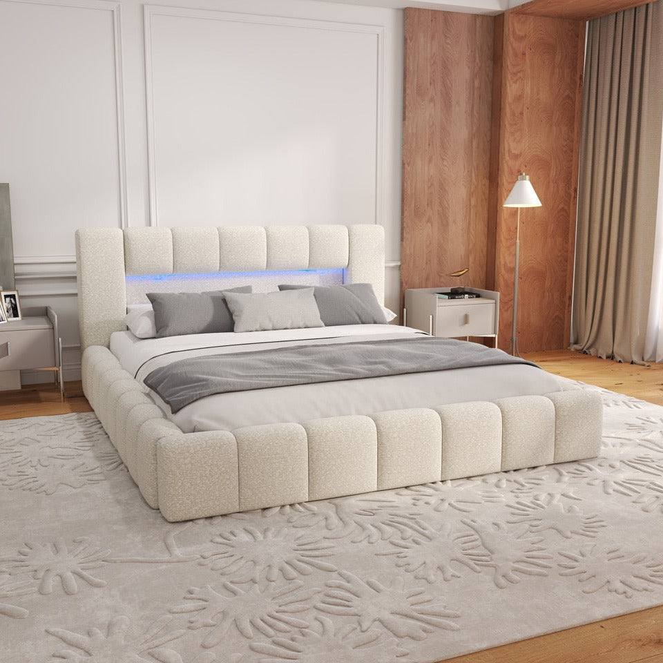 Pat dormitor dumonde, tapitat bej cu LED si USB, Palermo 160x200 cm, somiera rabatabila inclusa, spatiu depozitare