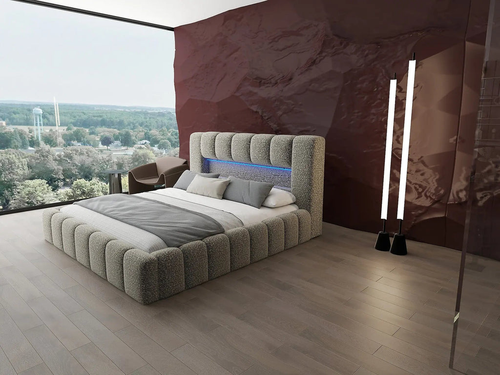 Pat dormitor dumonde, tapitat bej cu LED si USB, Palermo 160x200 cm, somiera rabatabila inclusa, spatiu depozitare