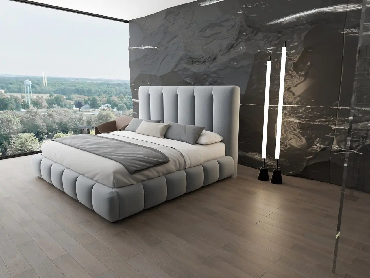 Pat dormitor dumonde, tapitat gri, Divaneo 180x200 cm, somiera rabatabila inclusa, spatiu depozitare