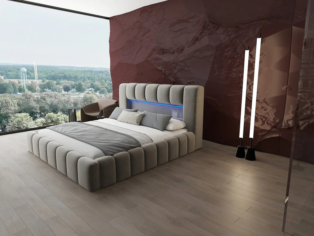 Pat dormitor dumonde, tapitat bej cu LED si USB, Palermo 180x200 cm, somiera rabatabila inclusa, spatiu depozitare
