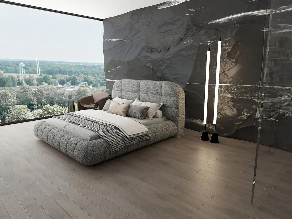 Pat dormitor dumonde, tapitat gri, Senso 180x200 cm, somiera rabatabila inclusa, spatiu depozitare