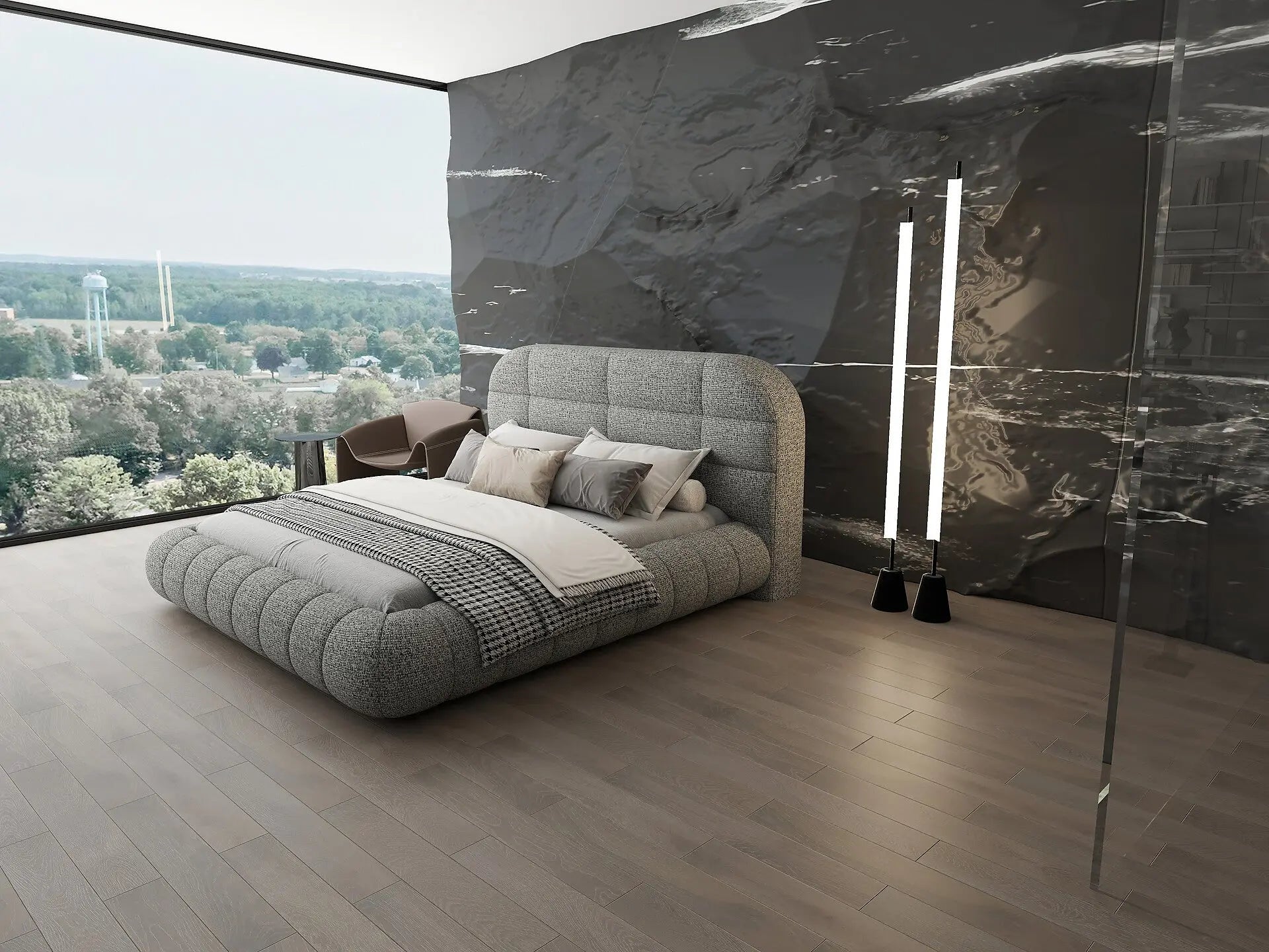 Pat dormitor dumonde, tapitat gri, Senso 180x200 cm, somiera rabatabila inclusa, spatiu depozitare