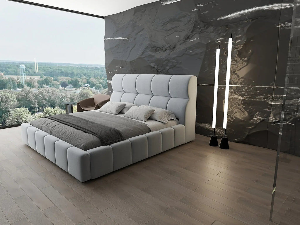 Pat dormitor dumonde, tapitat gri, Prestige 160x200 cm, somiera rabatabila inclusa, spatiu depozitare