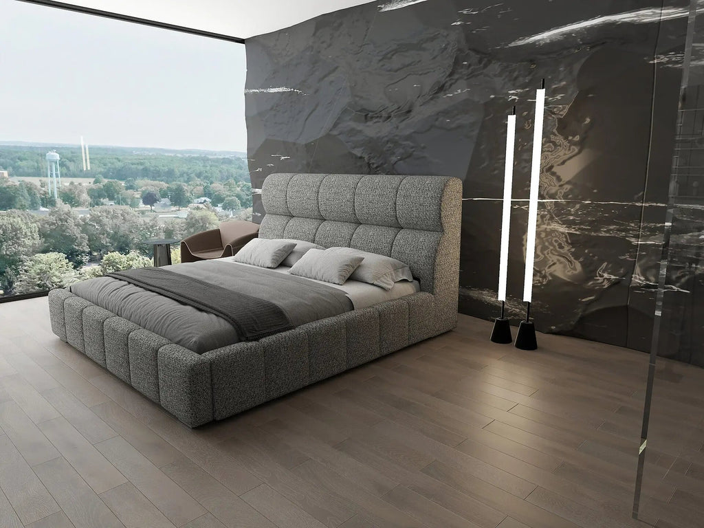 Pat dormitor dumonde, tapitat grey, Prestige 180x200 cm, somiera rabatabila inclusa, spatiu depozitare